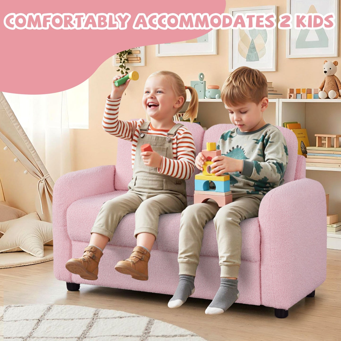 2-Seat Kids Sofa, Soft Teddy Fleece, Solid Wood Frame, Pink Kids Chairs & Seating at Gallery Canada