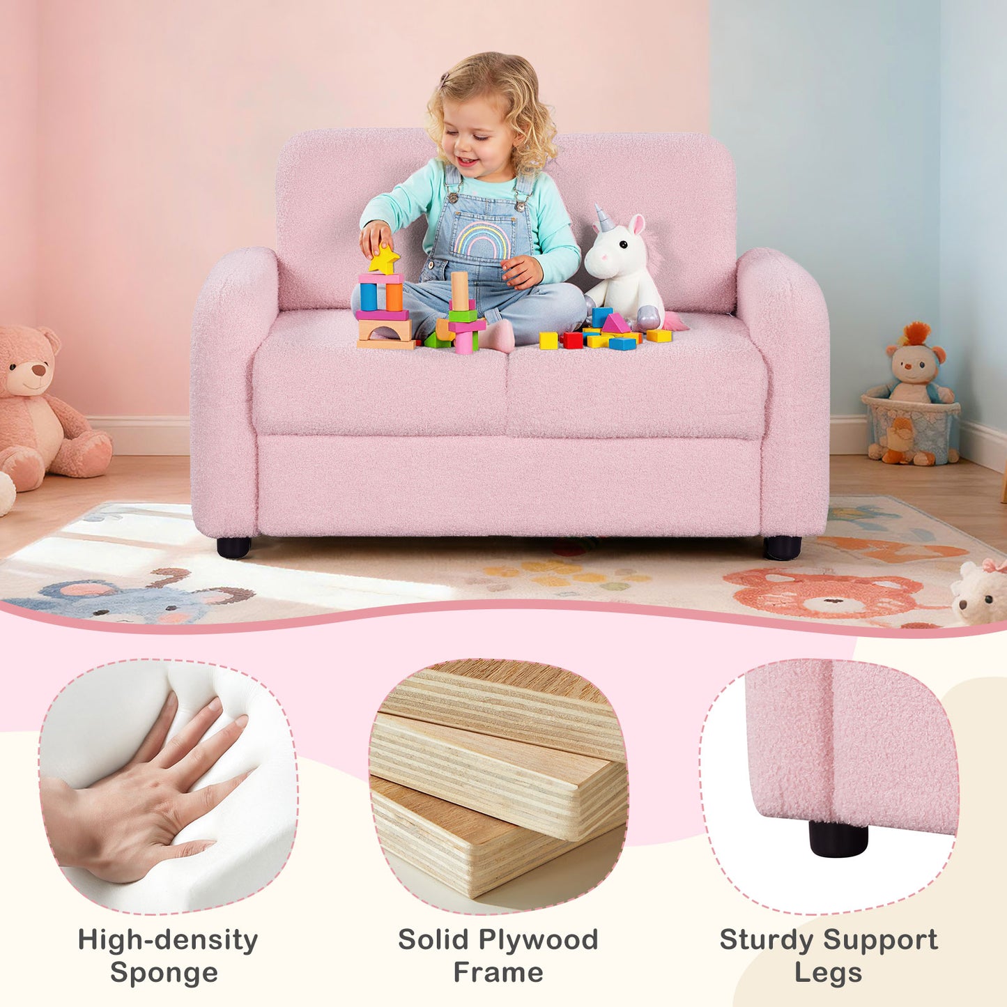 2-Seat Kids Sofa, Soft Teddy Fleece, Solid Wood Frame, Pink Kids Chairs & Seating at Gallery Canada
