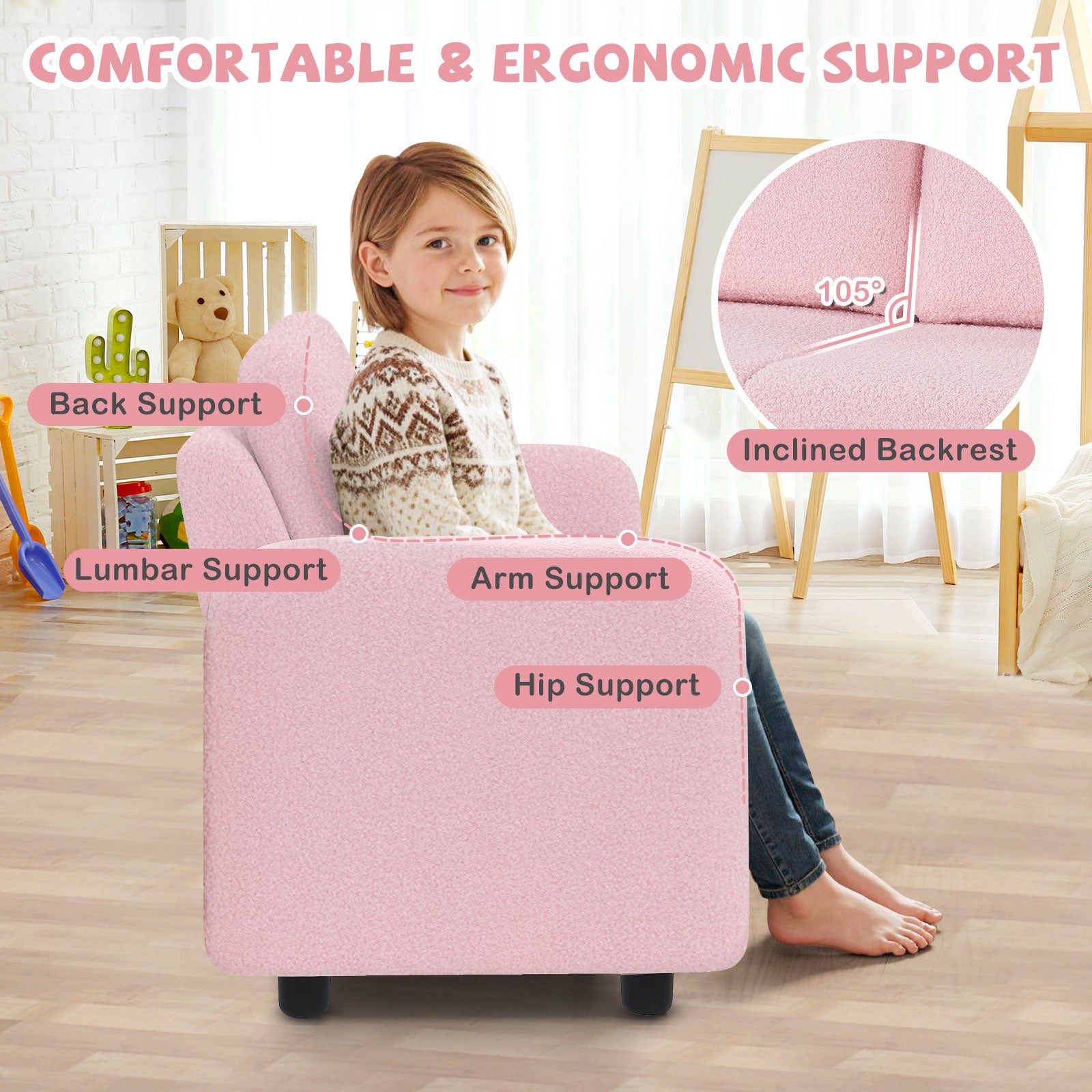 2-Seat Kids Sofa, Soft Teddy Fleece, Solid Wood Frame, Pink Kids Chairs & Seating at Gallery Canada