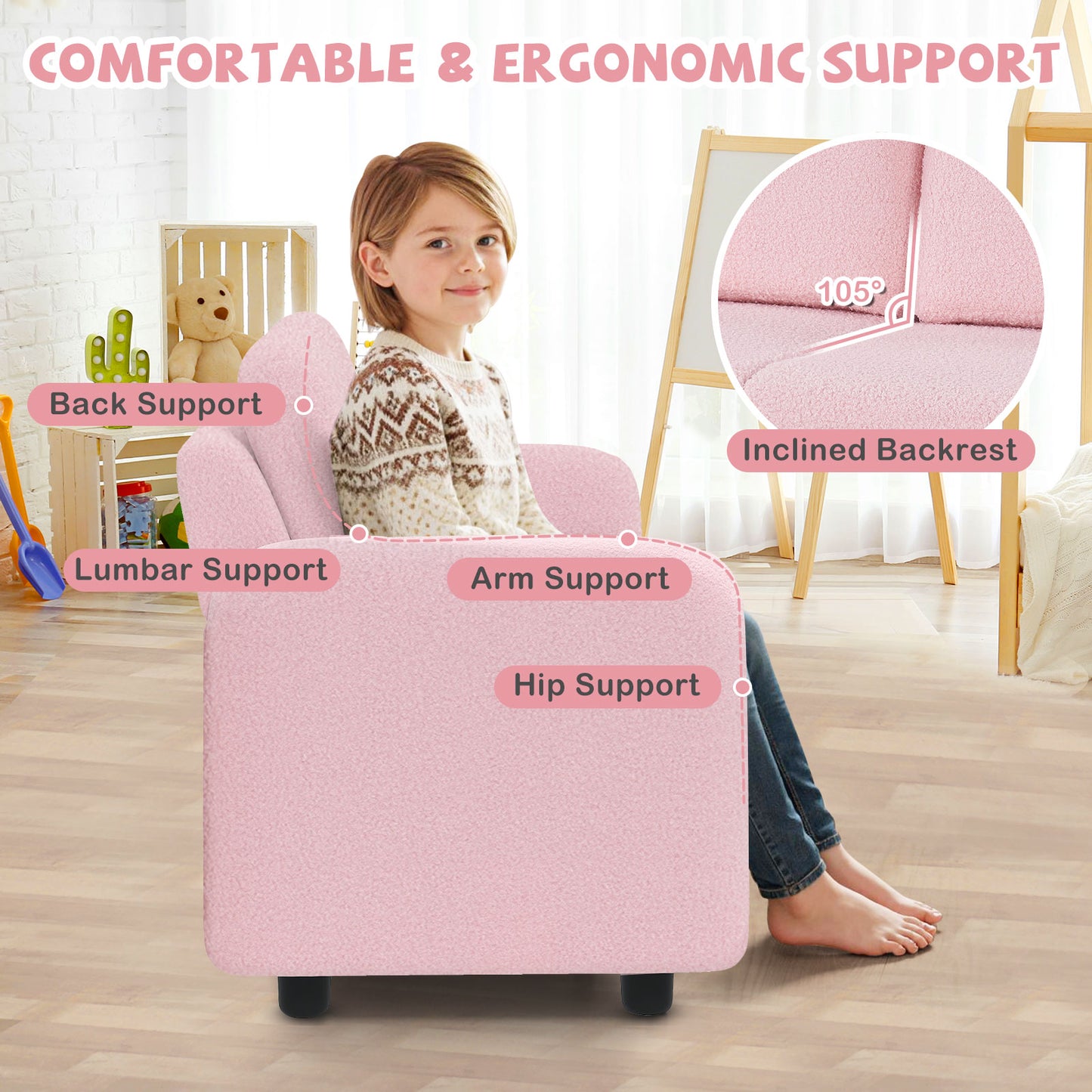 2-Seat Kids Sofa, Soft Teddy Fleece, Solid Wood Frame, Pink Kids Chairs & Seating at Gallery Canada