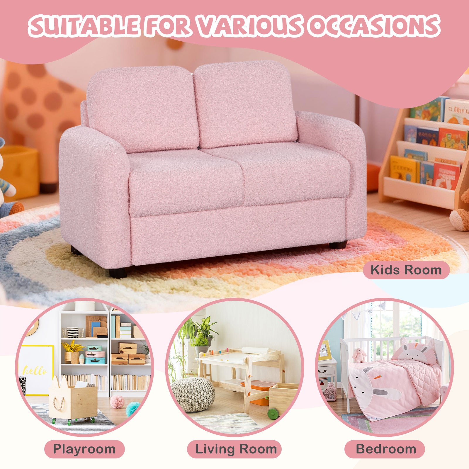 2-Seat Kids Sofa, Soft Teddy Fleece, Solid Wood Frame, Pink Kids Chairs & Seating at Gallery Canada
