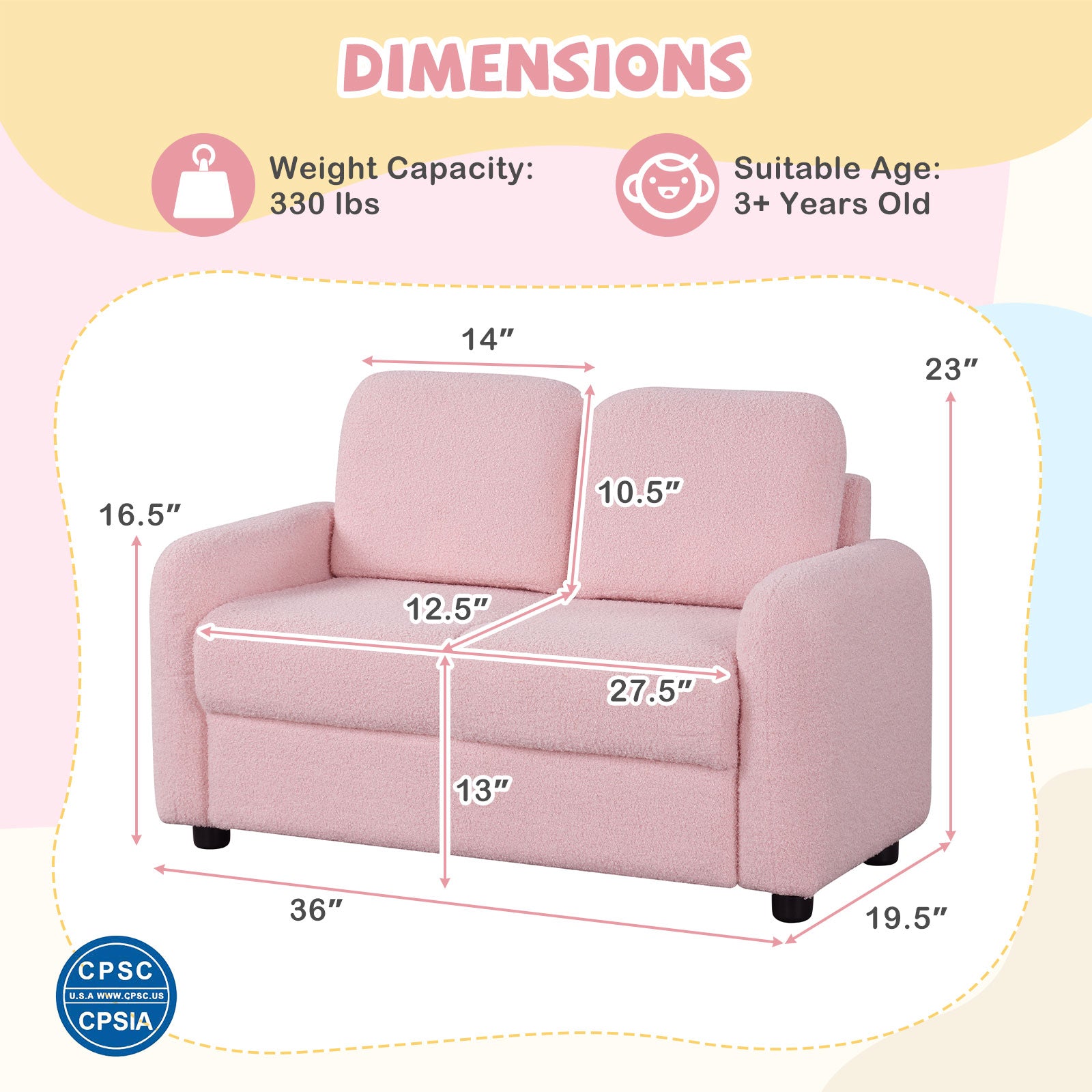 2-Seat Kids Sofa, Soft Teddy Fleece, Solid Wood Frame, Pink Kids Chairs & Seating at Gallery Canada