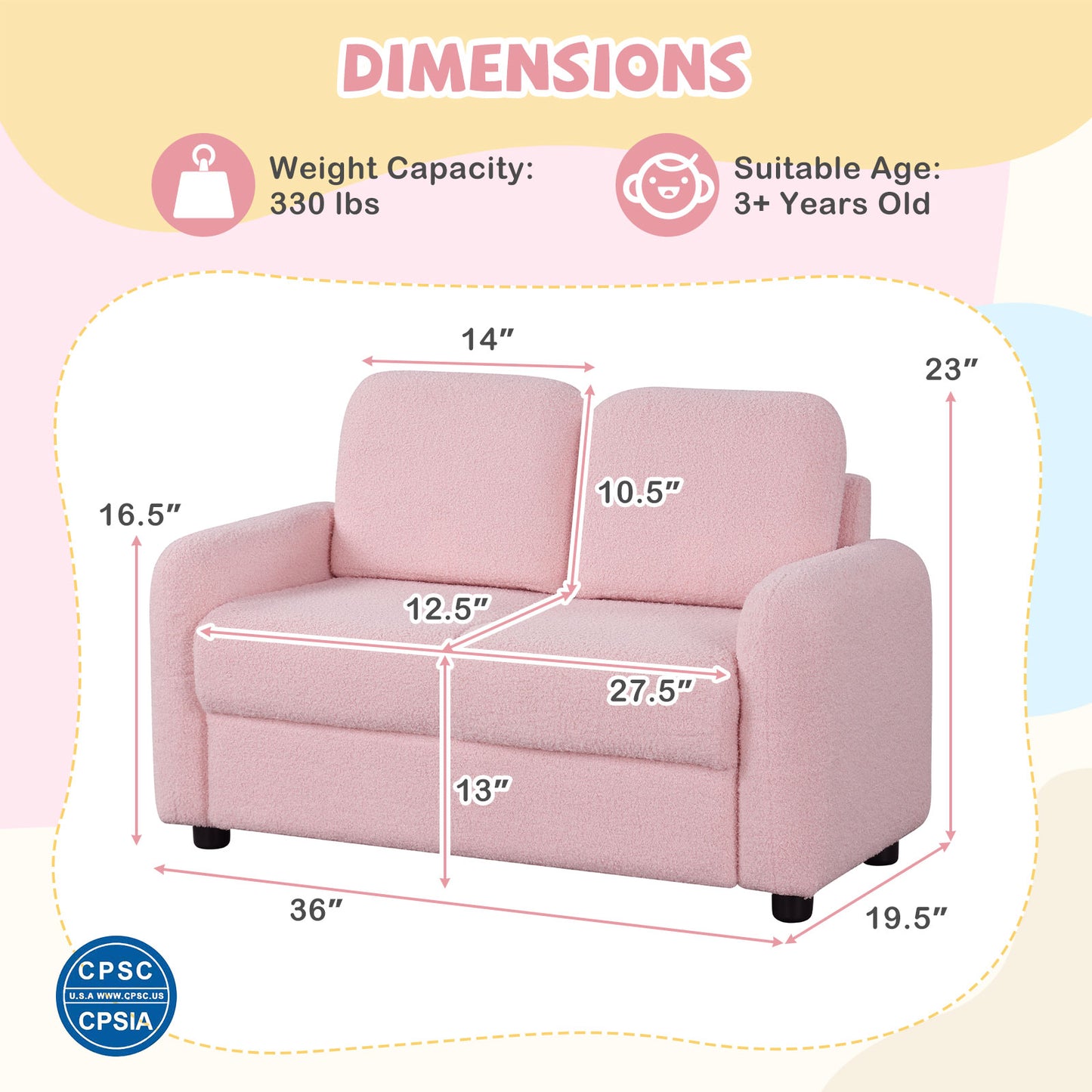 2-Seat Kids Sofa, Soft Teddy Fleece, Solid Wood Frame, Pink Kids Chairs & Seating at Gallery Canada