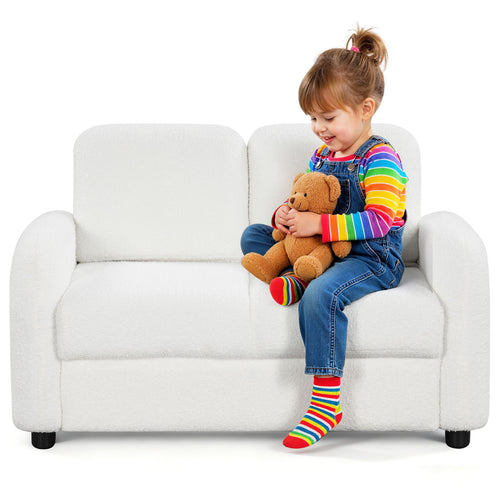 2-Seat Kids Sofa, Soft Teddy Fleece Upholstery, Solid Wooden Frame, White