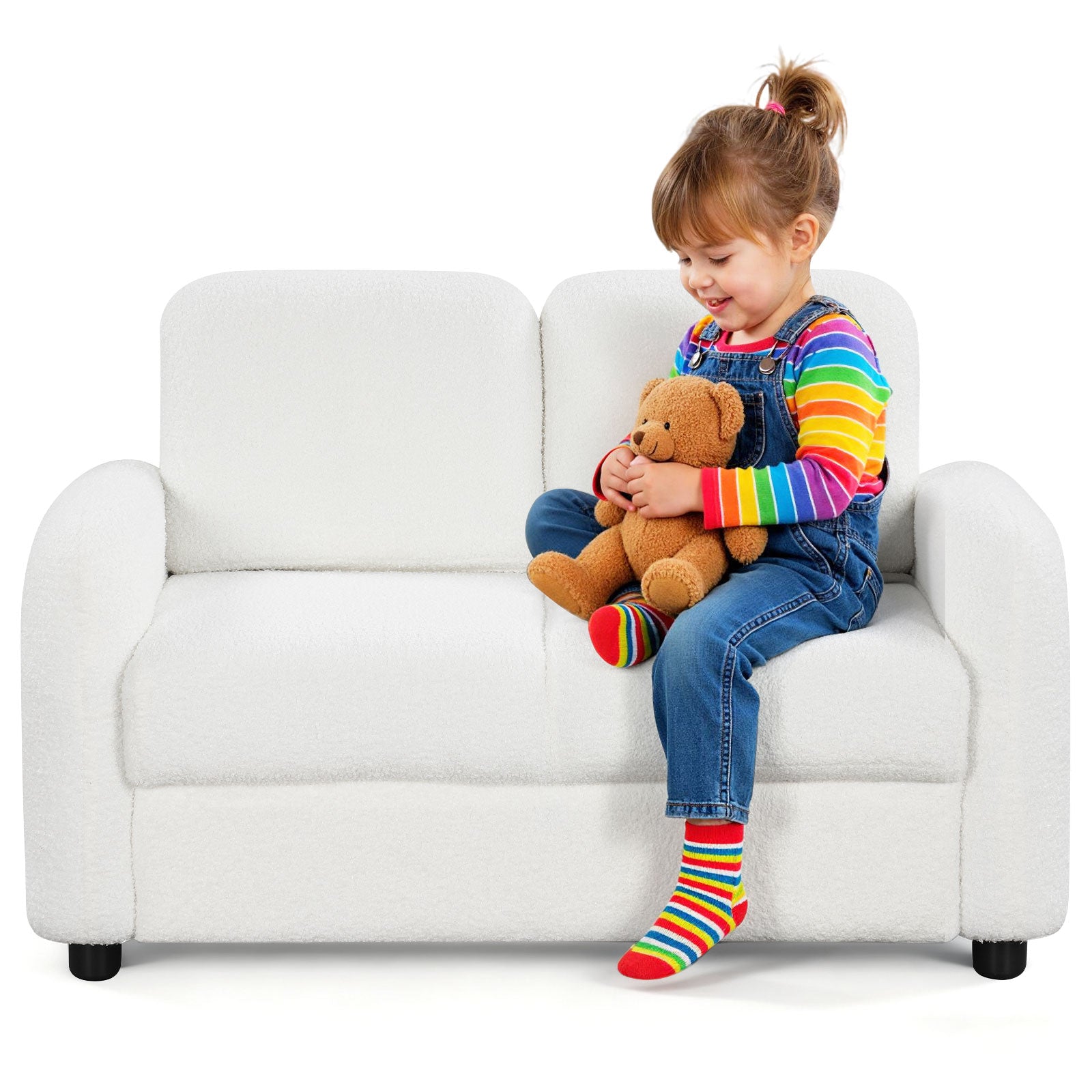 2-Seat Kids Sofa, Soft Teddy Fleece Upholstery, Solid Wooden Frame, White Kids Chairs & Seating White at Gallery Canada