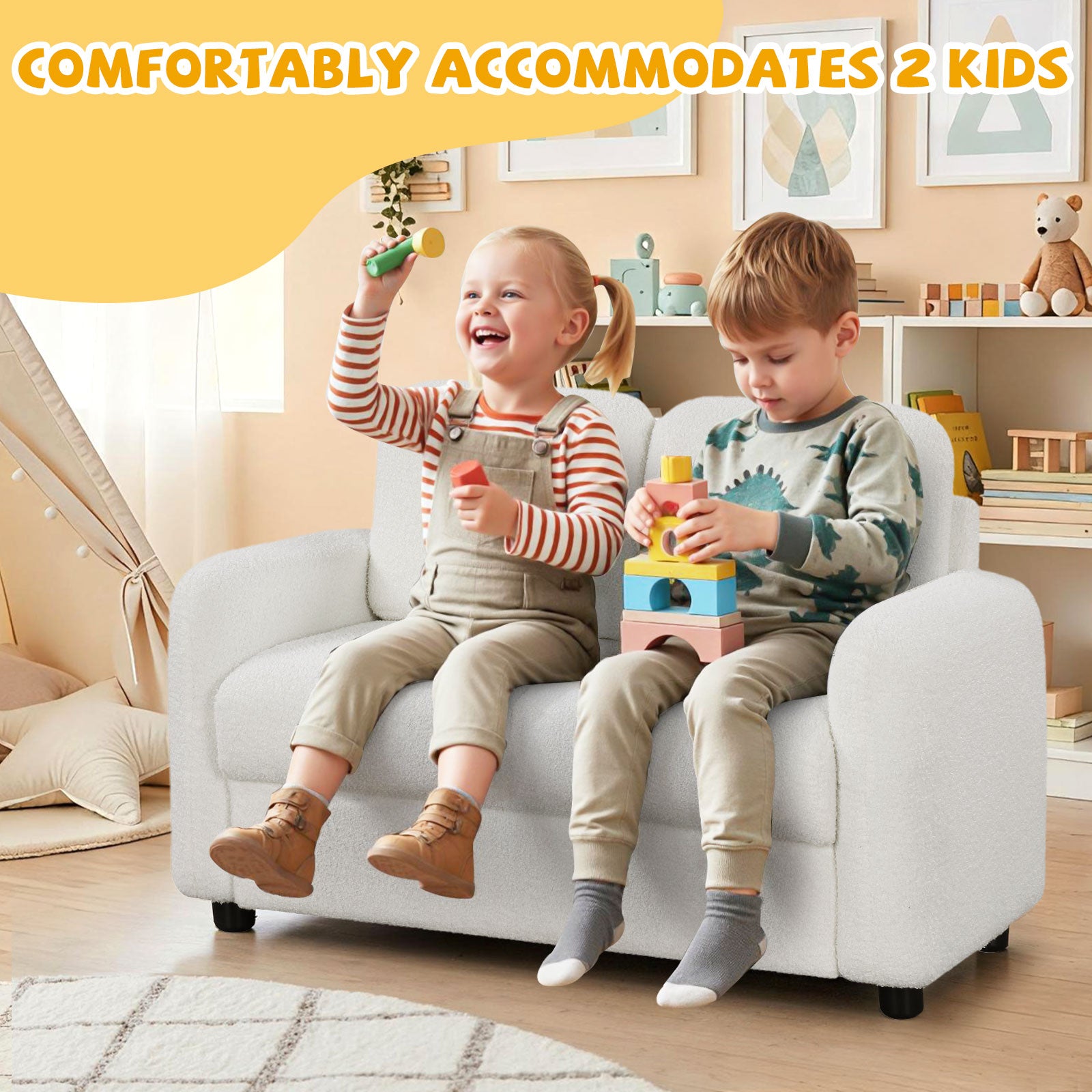 2-Seat Kids Sofa, Soft Teddy Fleece Upholstery, Solid Wooden Frame, White Kids Chairs & Seating at Gallery Canada