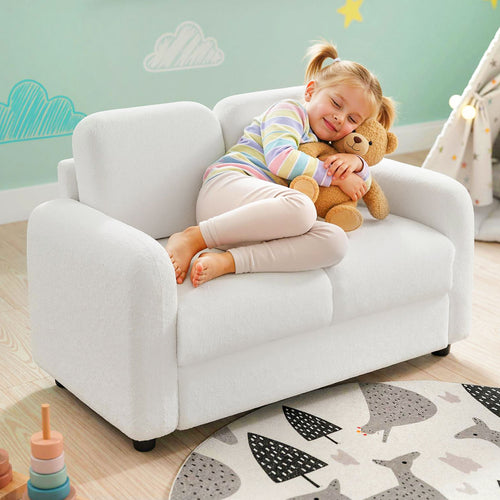 2-Seat Kids Sofa, Soft Teddy Fleece Upholstery, Solid Wooden Frame, White