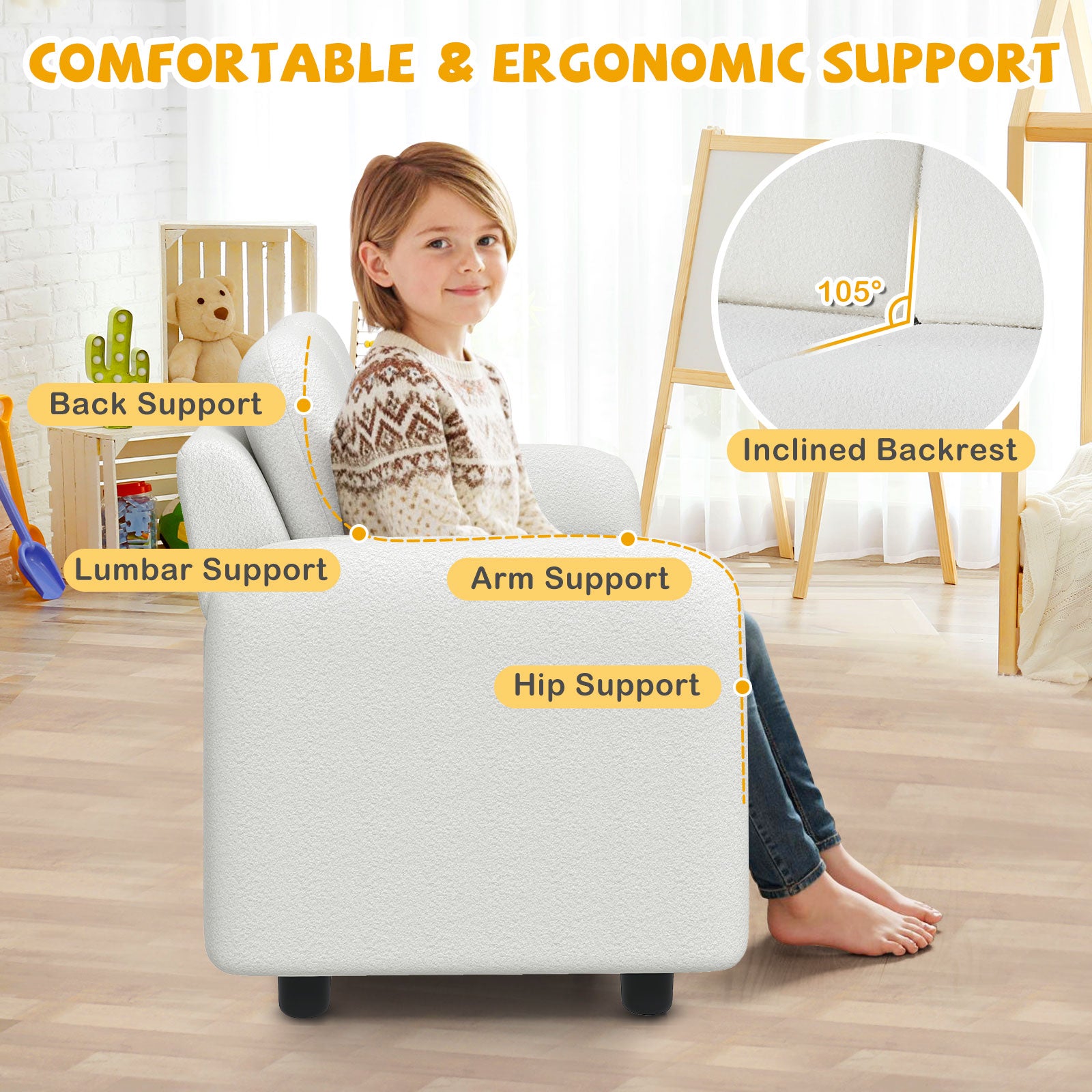 2-Seat Kids Sofa, Soft Teddy Fleece Upholstery, Solid Wooden Frame, White Kids Chairs & Seating at Gallery Canada