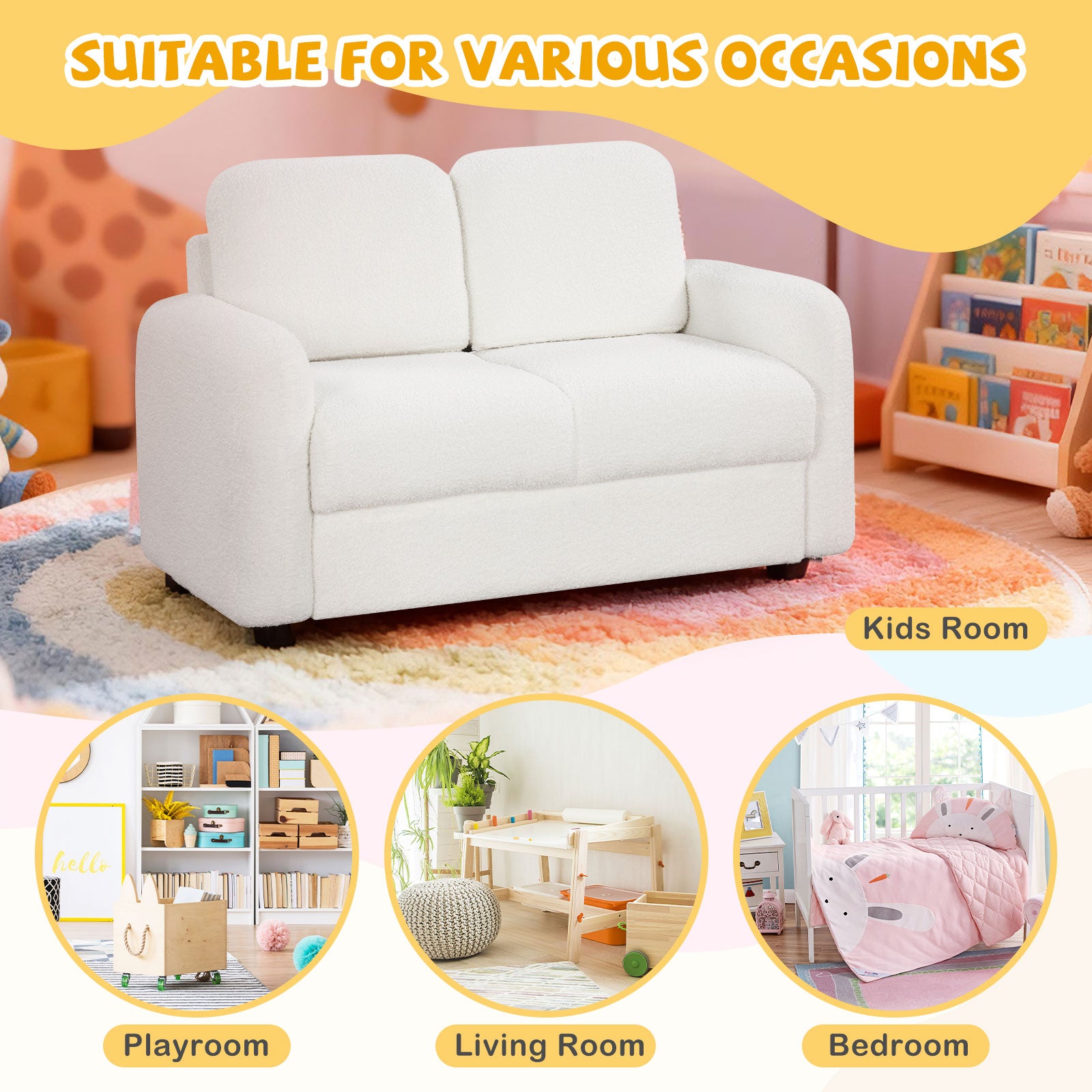 2-Seat Kids Sofa, Soft Teddy Fleece Upholstery, Solid Wooden Frame, White Kids Chairs & Seating at Gallery Canada