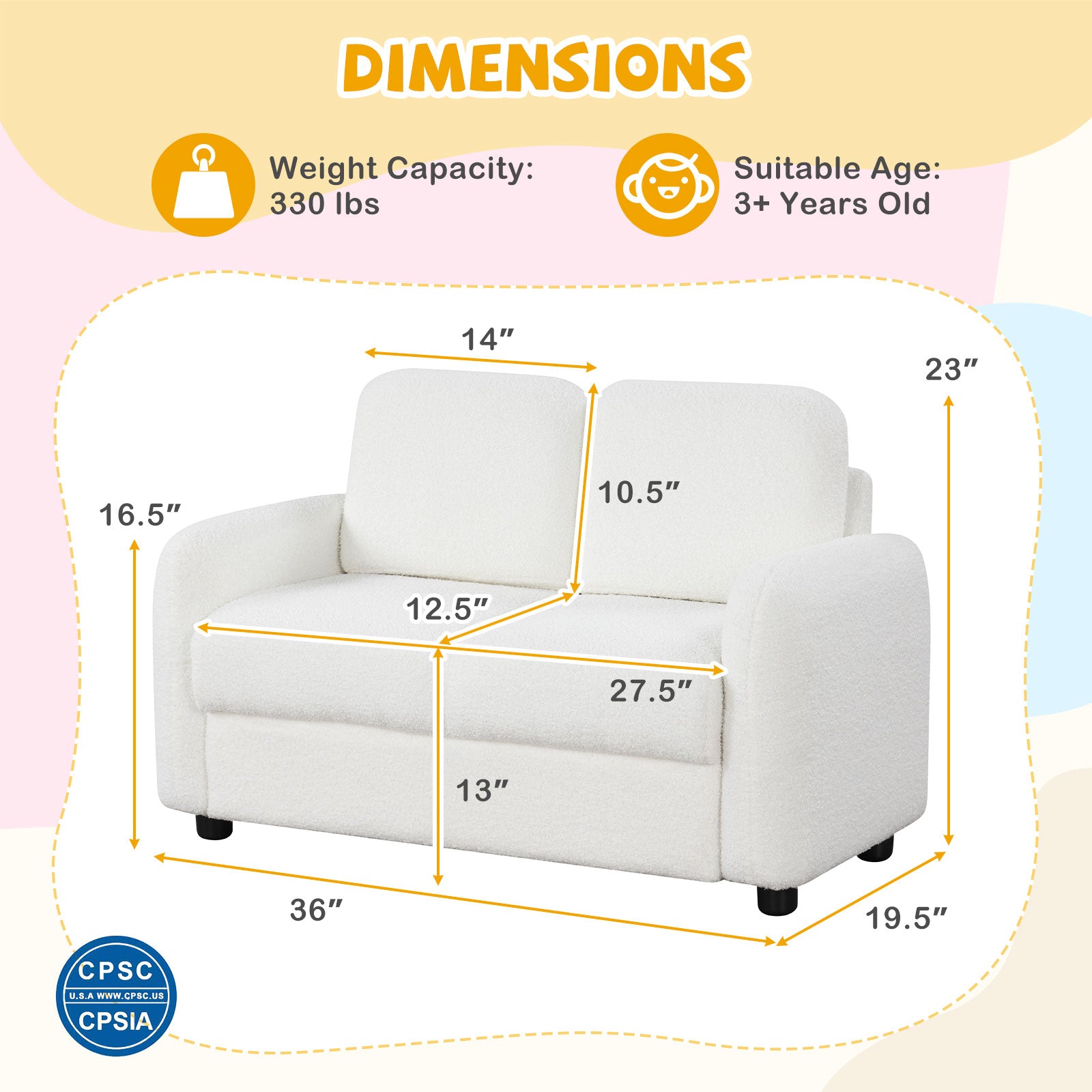 2-Seat Kids Sofa, Soft Teddy Fleece Upholstery, Solid Wooden Frame, White Kids Chairs & Seating at Gallery Canada