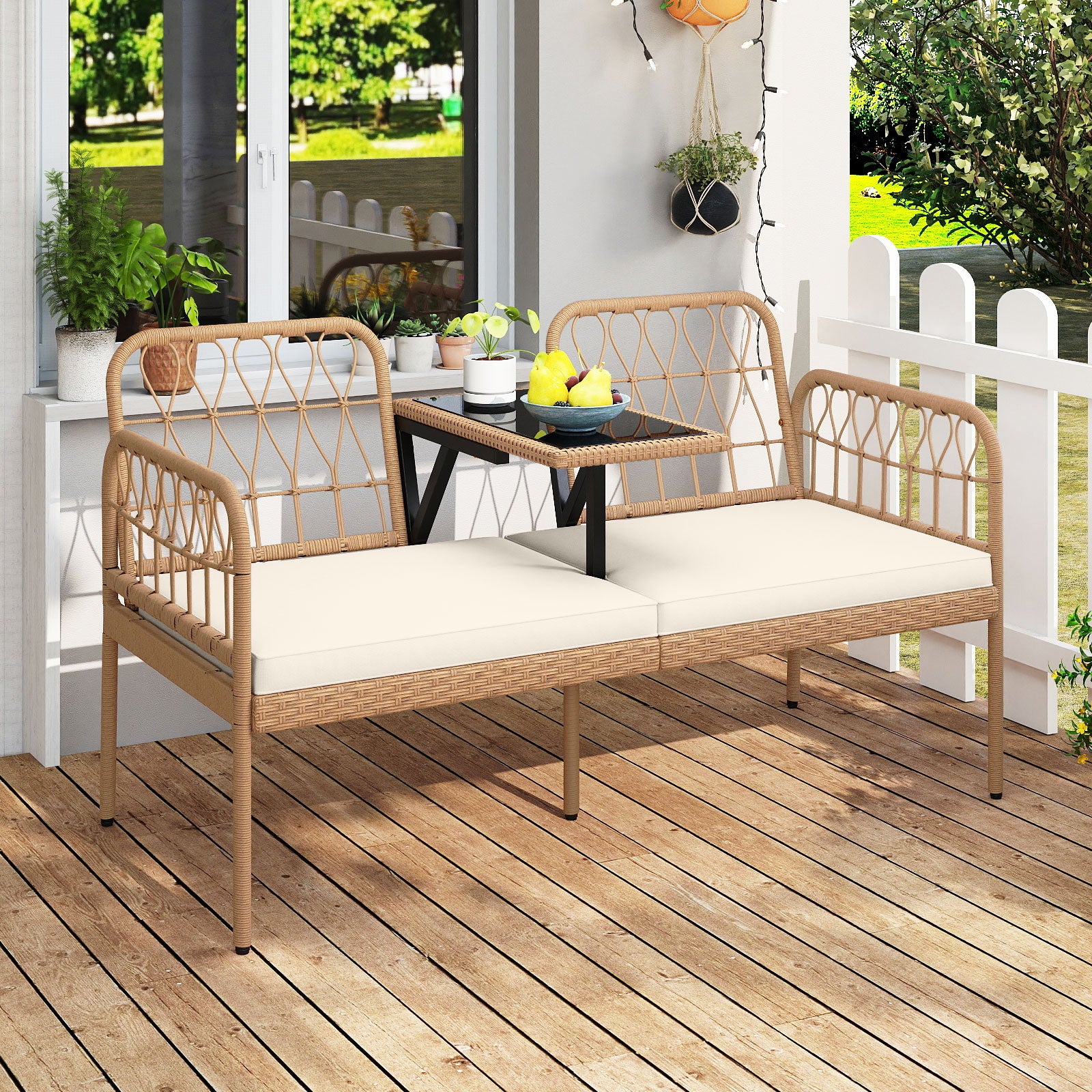 2-Seat PE Rattan Outdoor Loveseat with Built-in Coffee Table and Soft Cushions, White Outdoor Benches at Gallery Canada