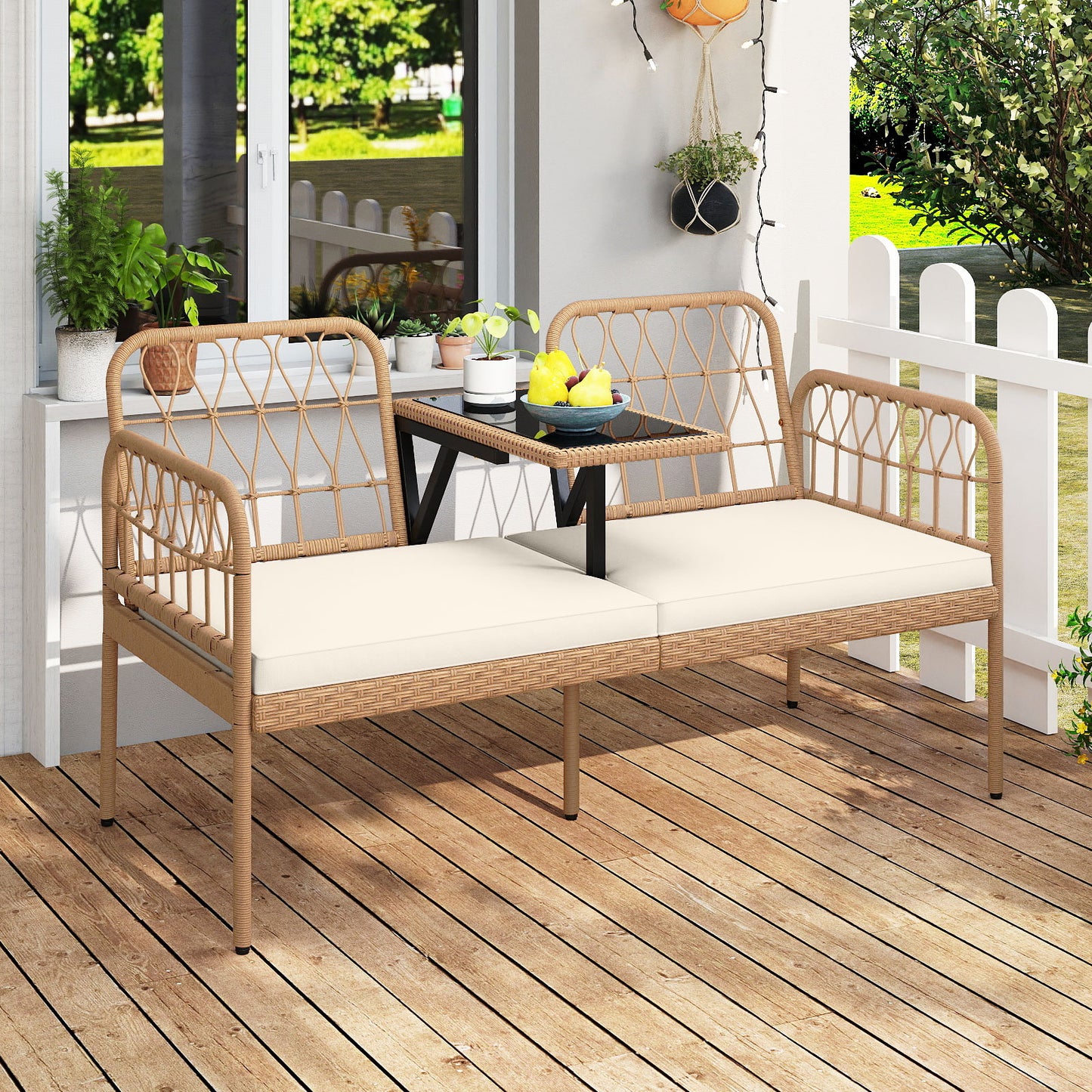2-Seat PE Rattan Outdoor Loveseat with Built-in Coffee Table and Soft Cushions, White Outdoor Benches at Gallery Canada