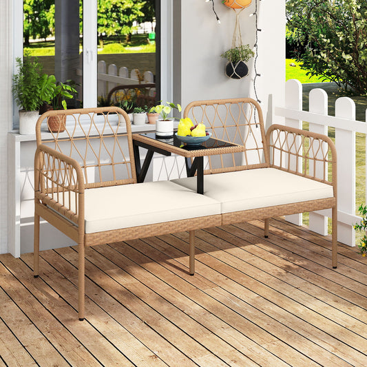 2-Seat PE Rattan Outdoor Loveseat with Built-in Coffee Table and Soft Cushions, White Outdoor Benches White at Gallery Canada