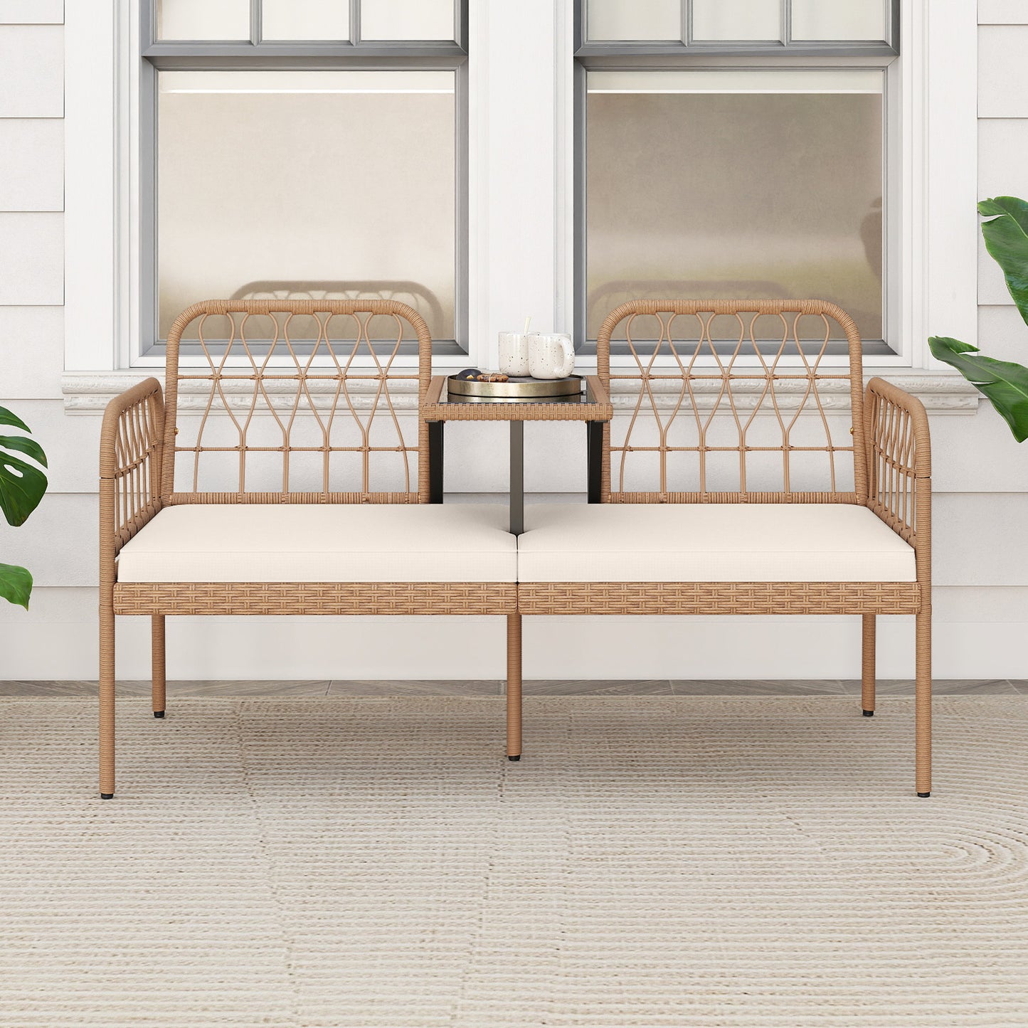 2-Seat PE Rattan Outdoor Loveseat with Built-in Coffee Table and Soft Cushions, White Outdoor Benches at Gallery Canada
