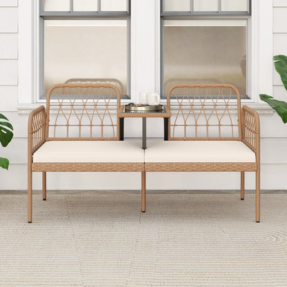 2-Seat PE Rattan Outdoor Loveseat with Built-in Coffee Table and Soft Cushions, White Outdoor Benches at Gallery Canada