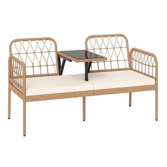 2-Seat PE Rattan Outdoor Loveseat with Built-in Coffee Table and Soft Cushions, White Outdoor Benches White at Gallery Canada