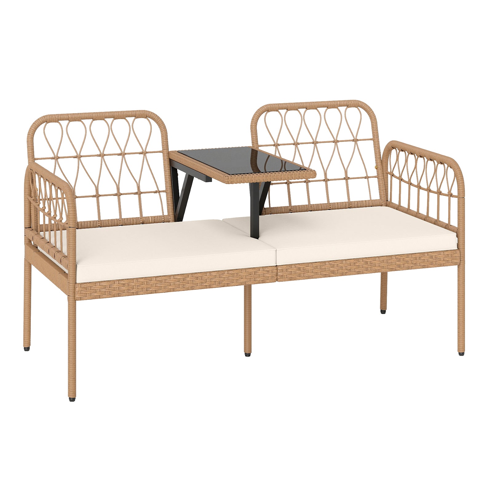 2-Seat PE Rattan Outdoor Loveseat with Built-in Coffee Table and Soft Cushions, White Outdoor Benches White at Gallery Canada