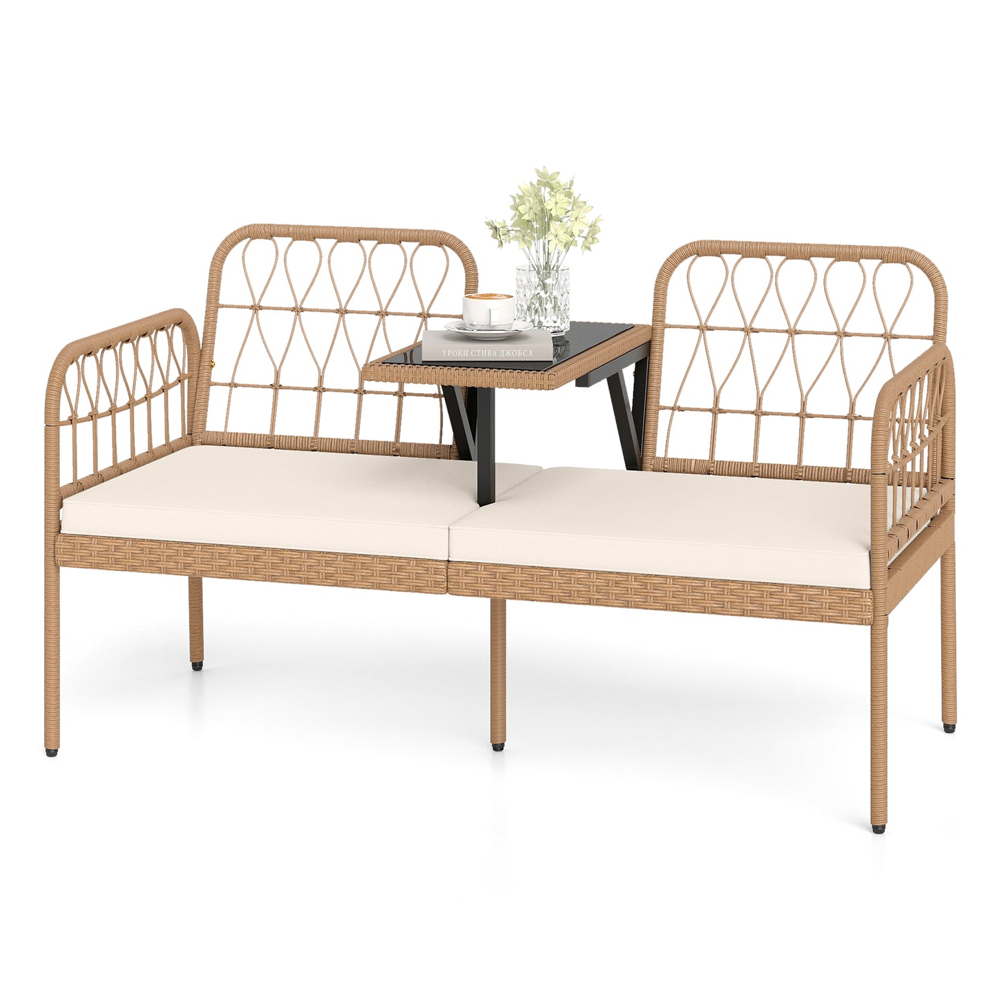 2-Seat PE Rattan Outdoor Loveseat with Built-in Coffee Table and Soft Cushions, White Outdoor Benches at Gallery Canada
