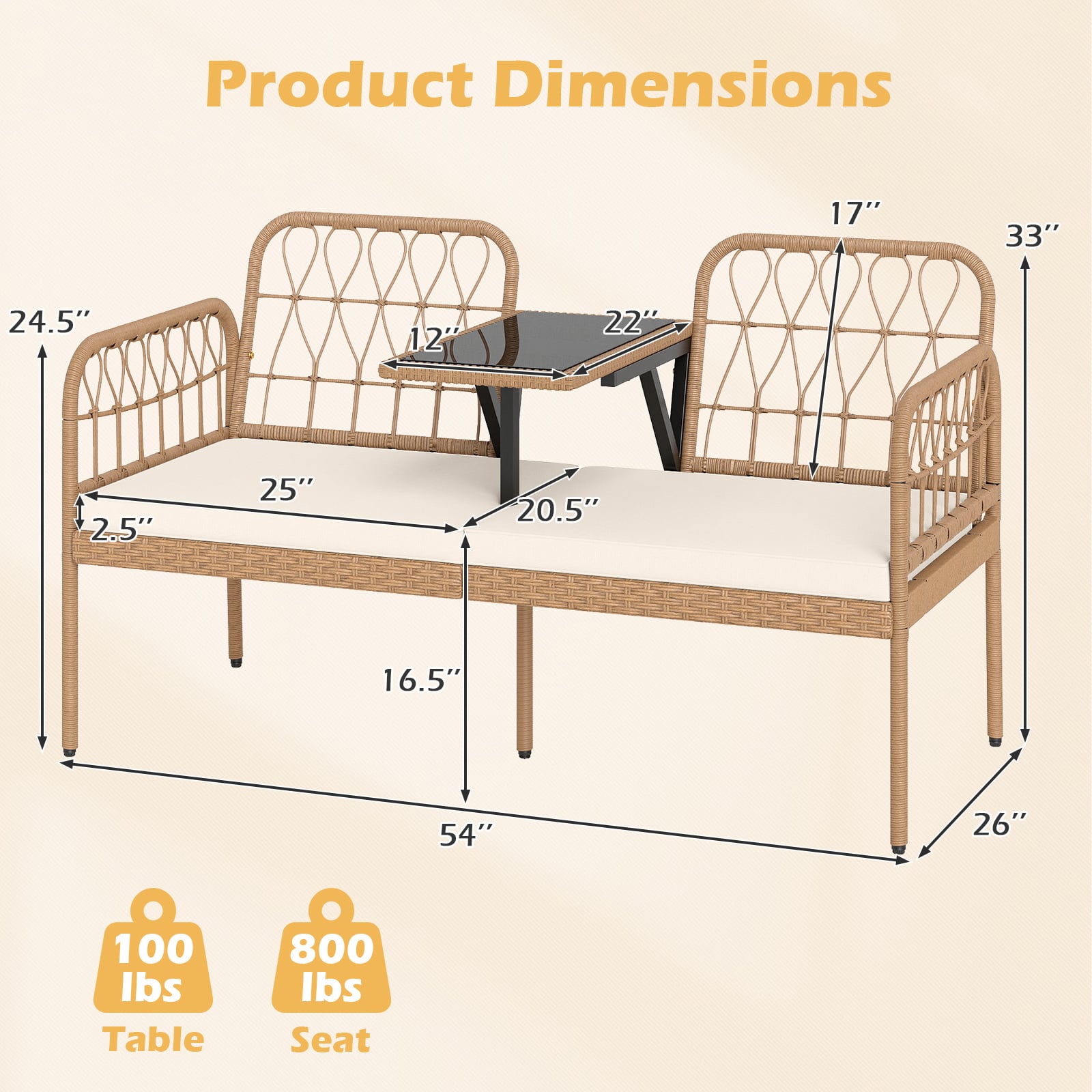 2-Seat PE Rattan Outdoor Loveseat with Built-in Coffee Table and Soft Cushions, White Outdoor Benches at Gallery Canada