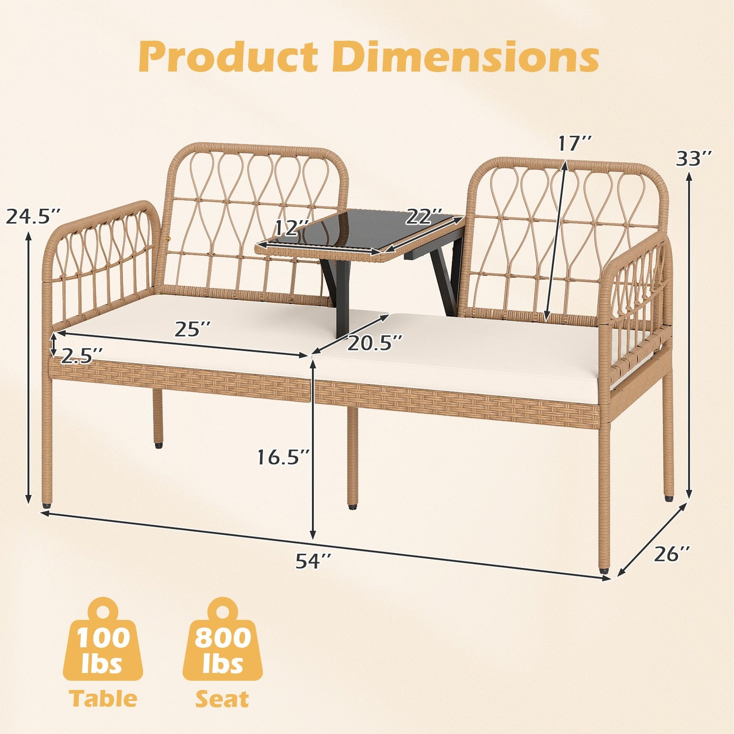 2-Seat PE Rattan Outdoor Loveseat with Built-in Coffee Table and Soft Cushions, White Outdoor Benches at Gallery Canada