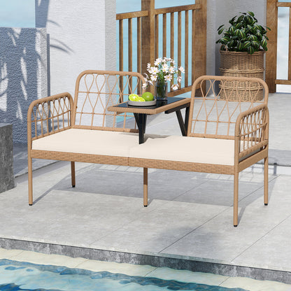 2-Seat PE Rattan Outdoor Loveseat with Built-in Coffee Table and Soft Cushions, White Outdoor Benches at Gallery Canada