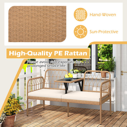 2-Seat PE Rattan Outdoor Loveseat with Built-in Coffee Table and Soft Cushions, White Outdoor Benches at Gallery Canada