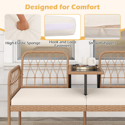 2-Seat PE Rattan Outdoor Loveseat with Built-in Coffee Table and Soft Cushions, White Outdoor Benches at Gallery Canada