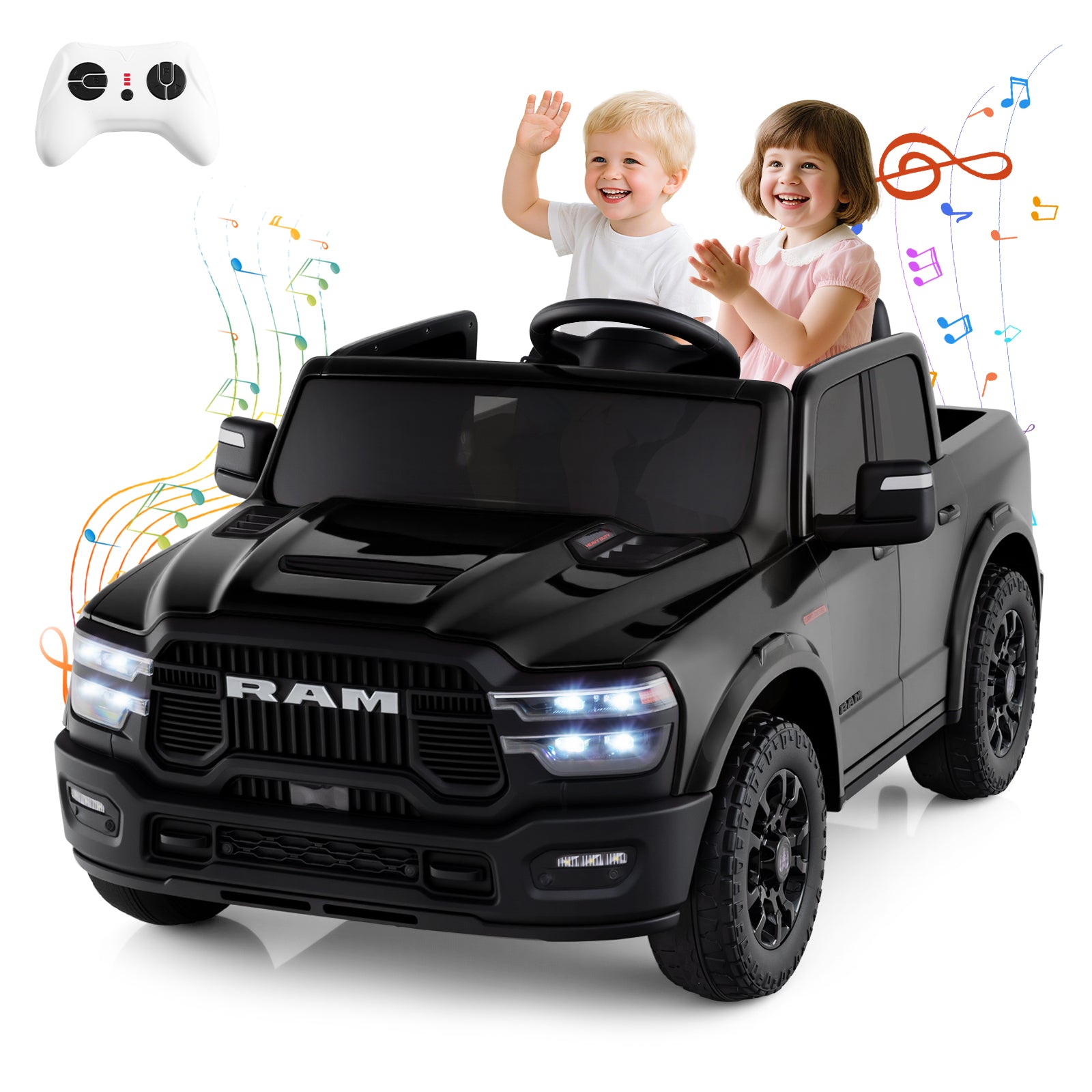 2 Seater 24V Ride on Toy for Big Kids Licensed Ram Truck with Remote and Music, Black Powered Ride On Toys at Gallery Canada