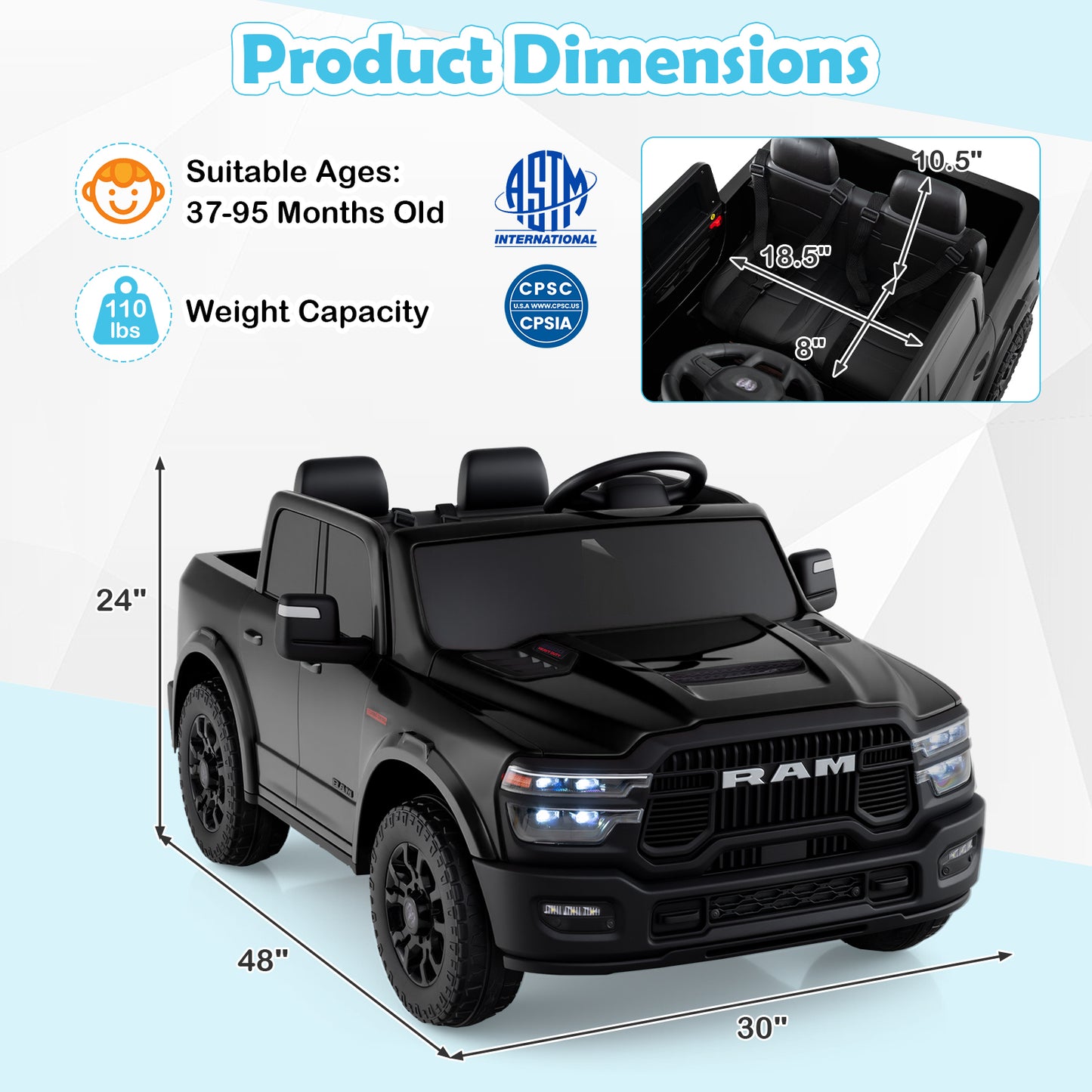 2 Seater 24V Ride on Toy for Big Kids Licensed Ram Truck with Remote and Music, Black Powered Ride On Toys at Gallery Canada