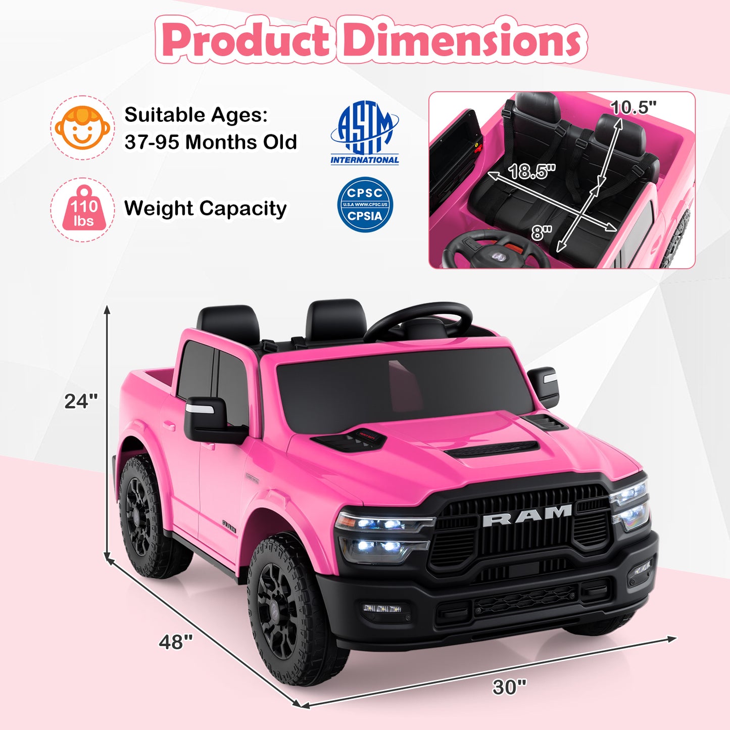 2 Seater 24V Ride on Toy for Big Kids Licensed Ram Truck with Remote and Music, Pink Powered Ride On Toys at Gallery Canada