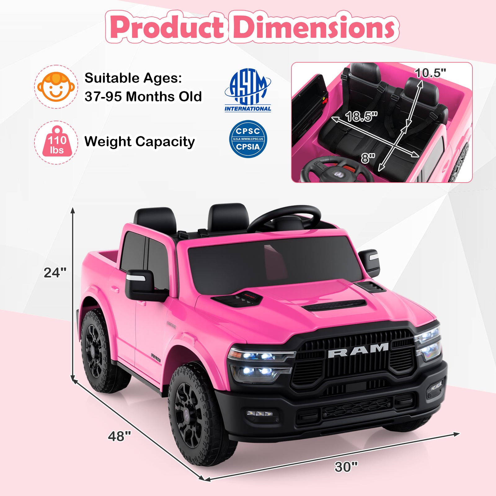 2 Seater 24V Ride on Toy for Big Kids Licensed Ram Truck with Remote and Music, Pink Powered Ride On Toys at Gallery Canada