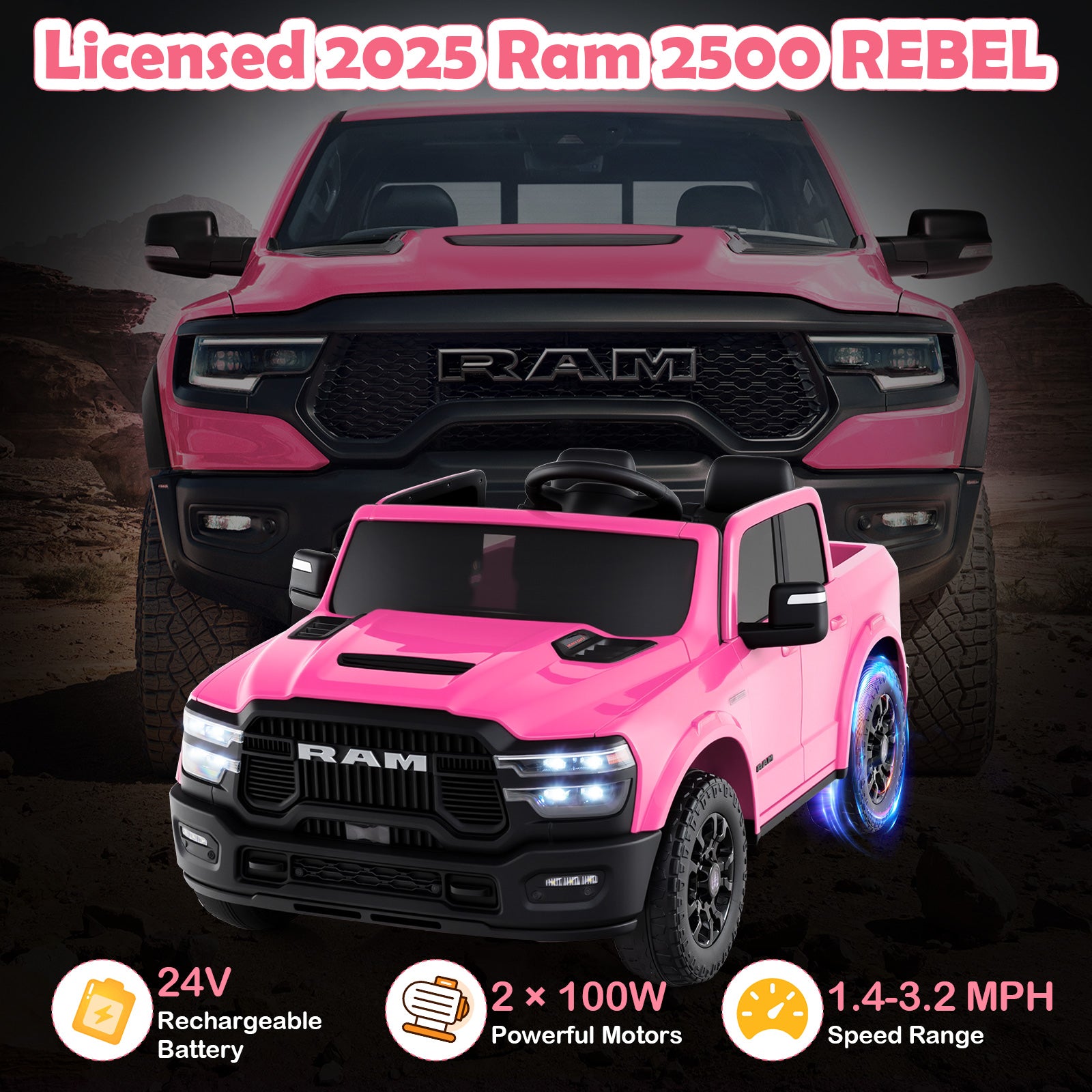 2 Seater 24V Ride on Toy for Big Kids Licensed Ram Truck with Remote and Music, Pink Powered Ride On Toys at Gallery Canada