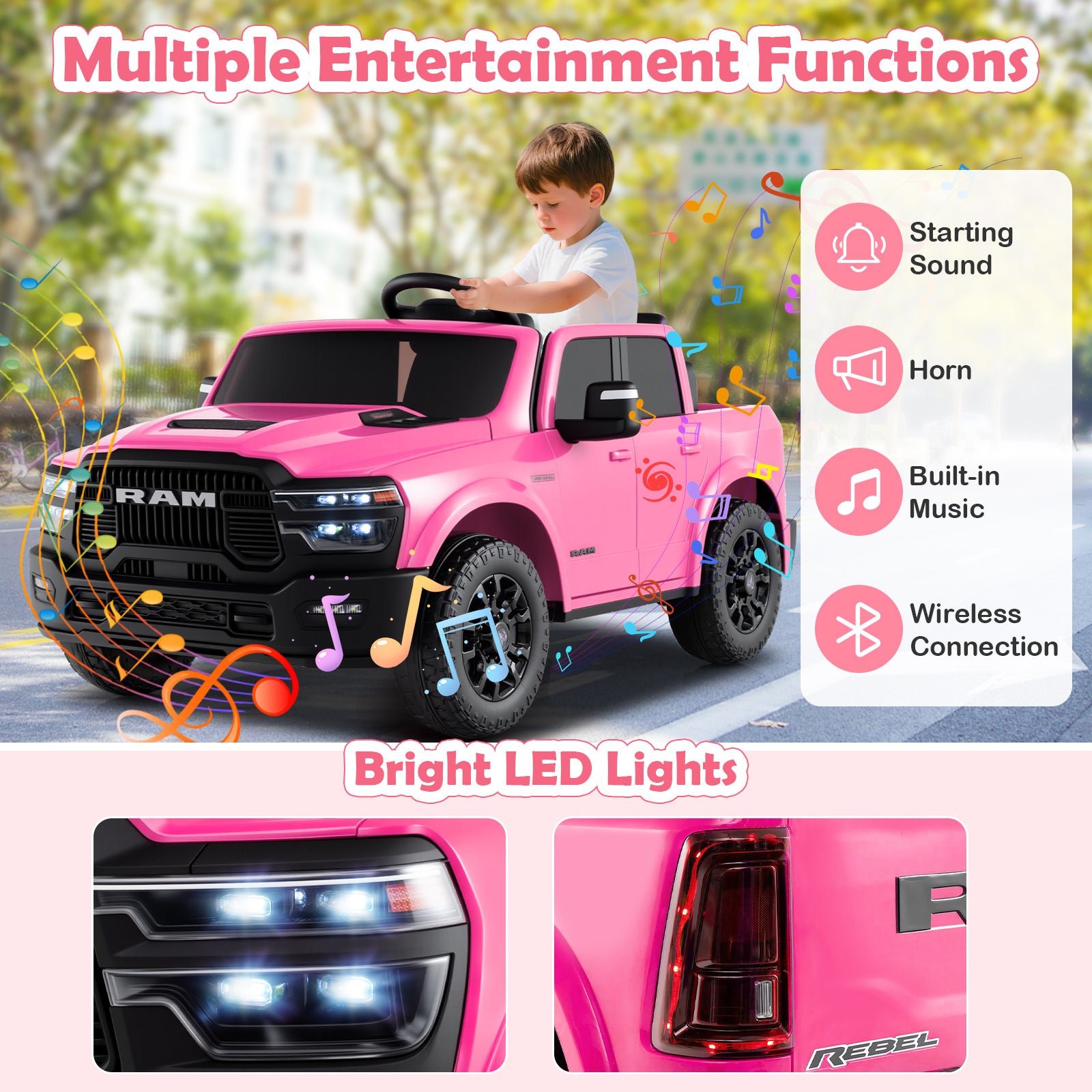 2 Seater 24V Ride on Toy for Big Kids Licensed Ram Truck with Remote and Music, Pink Powered Ride On Toys at Gallery Canada