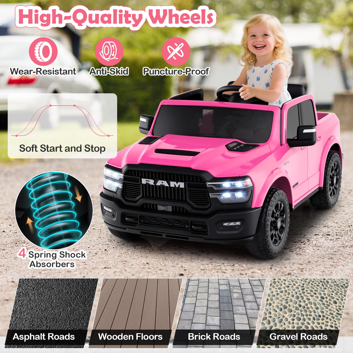 2 Seater 24V Ride on Toy for Big Kids Licensed Ram Truck with Remote and Music, Pink Powered Ride On Toys at Gallery Canada