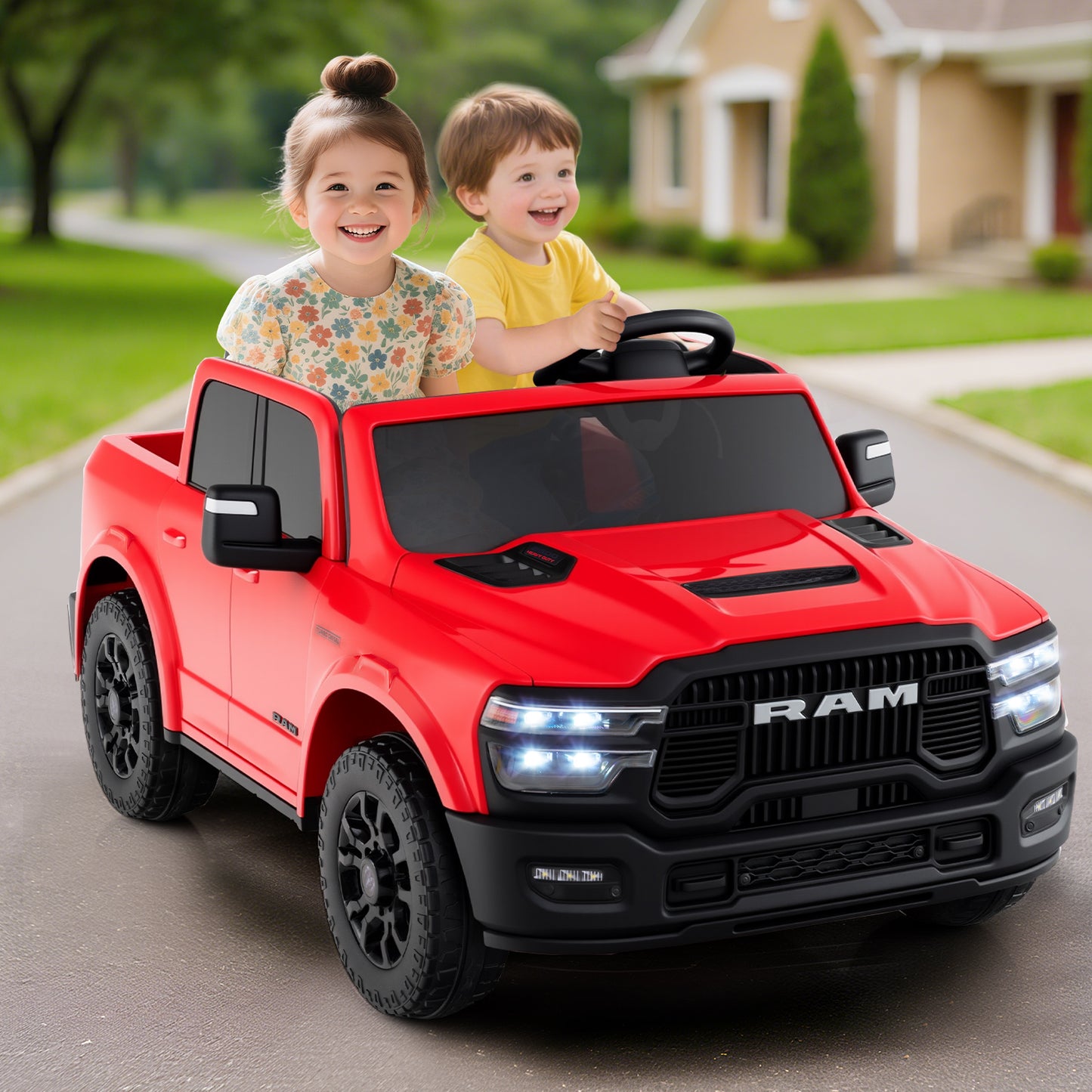 2 Seater 24V Ride on Toy for Big Kids Licensed Ram Truck with Remote and Music, Red Powered Ride On Toys at Gallery Canada