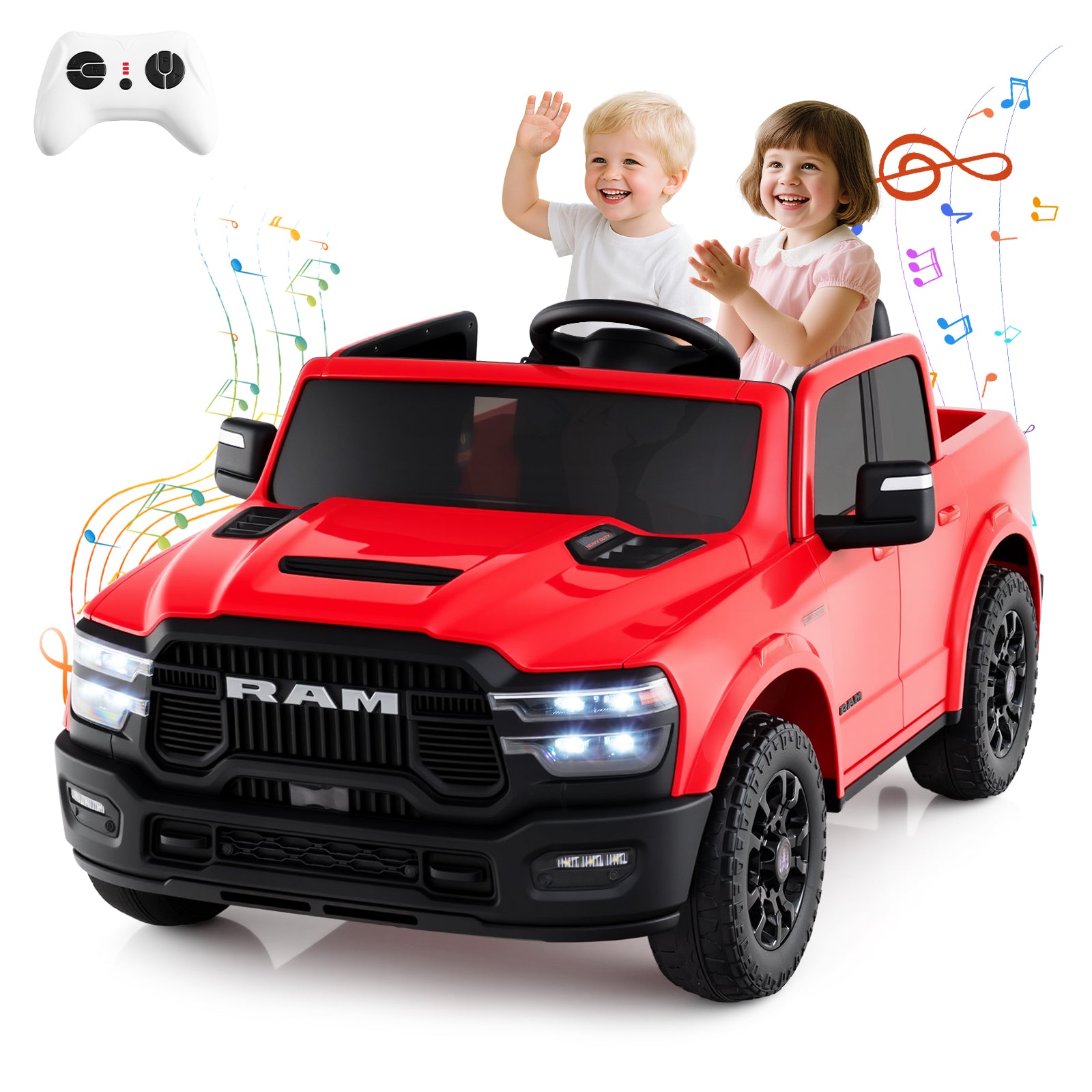 2 Seater 24V Ride on Toy for Big Kids Licensed Ram Truck with Remote and Music, Red Powered Ride On Toys at Gallery Canada