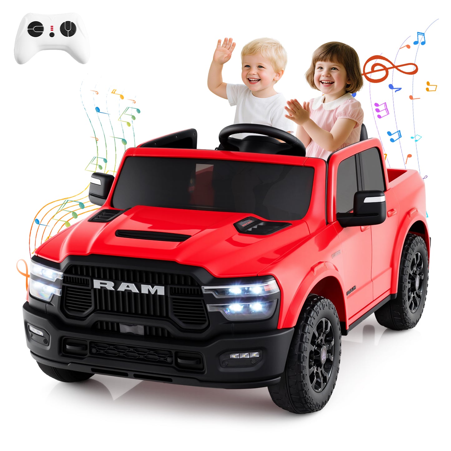 2 Seater 24V Ride on Toy for Big Kids Licensed Ram Truck with Remote and Music, Red Powered Ride On Toys at Gallery Canada