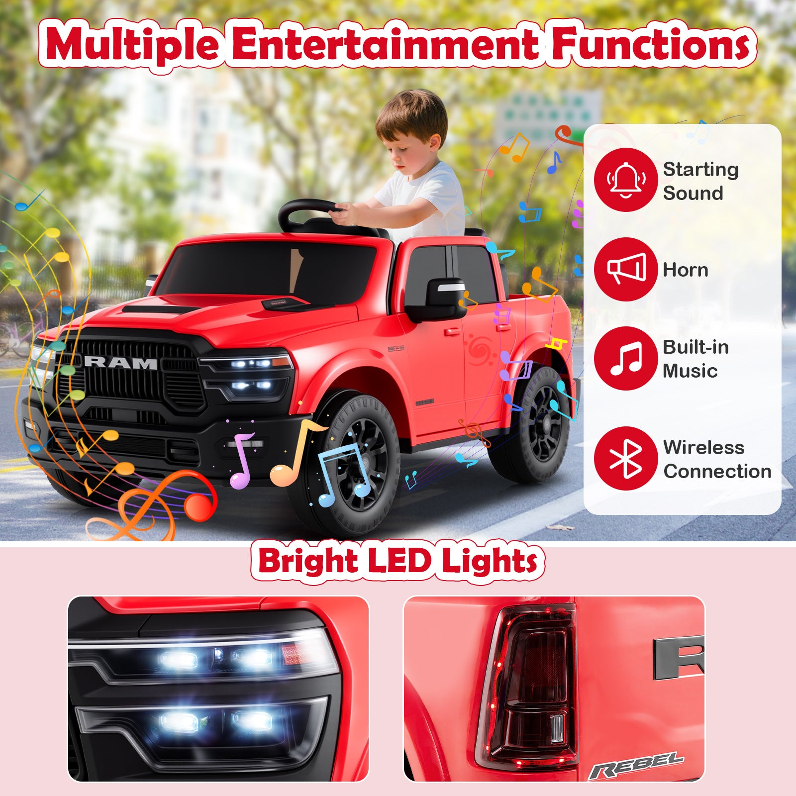 2 Seater 24V Ride on Toy for Big Kids Licensed Ram Truck with Remote and Music, Red Powered Ride On Toys at Gallery Canada