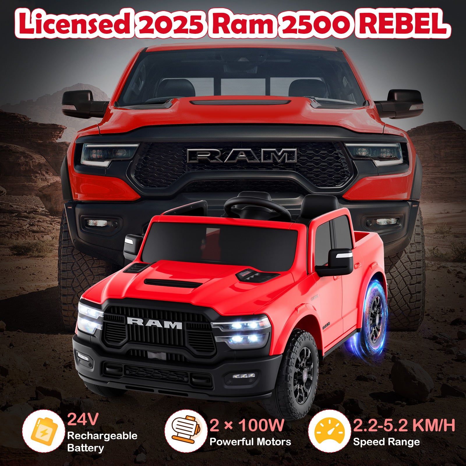 2 Seater 24V Ride on Toy for Big Kids Licensed Ram Truck with Remote and Music, Red Powered Ride On Toys at Gallery Canada