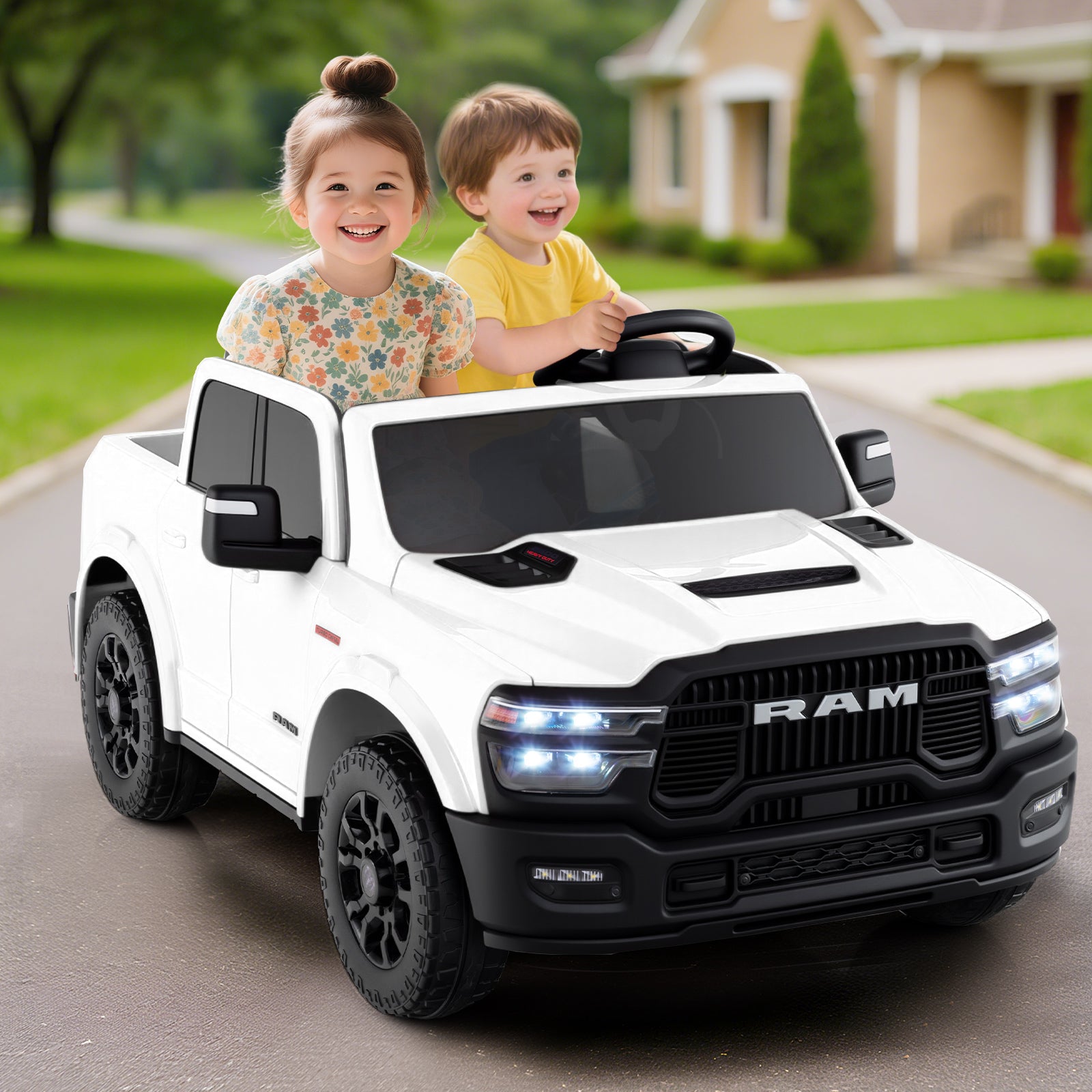 2 Seater 24V Ride on Toy for Big Kids Licensed Ram Truck with Remote and Music, White Powered Ride On Toys at Gallery Canada