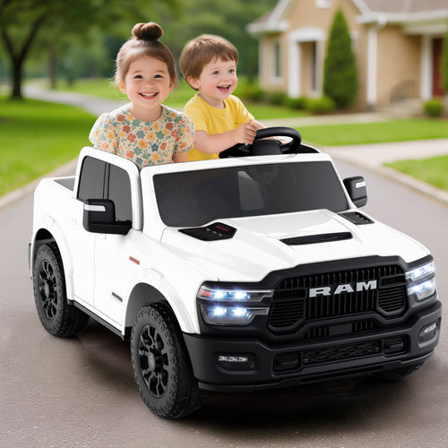 2 Seater 24V Ride on Toy for Big Kids Licensed Ram Truck with Remote and Music, White
