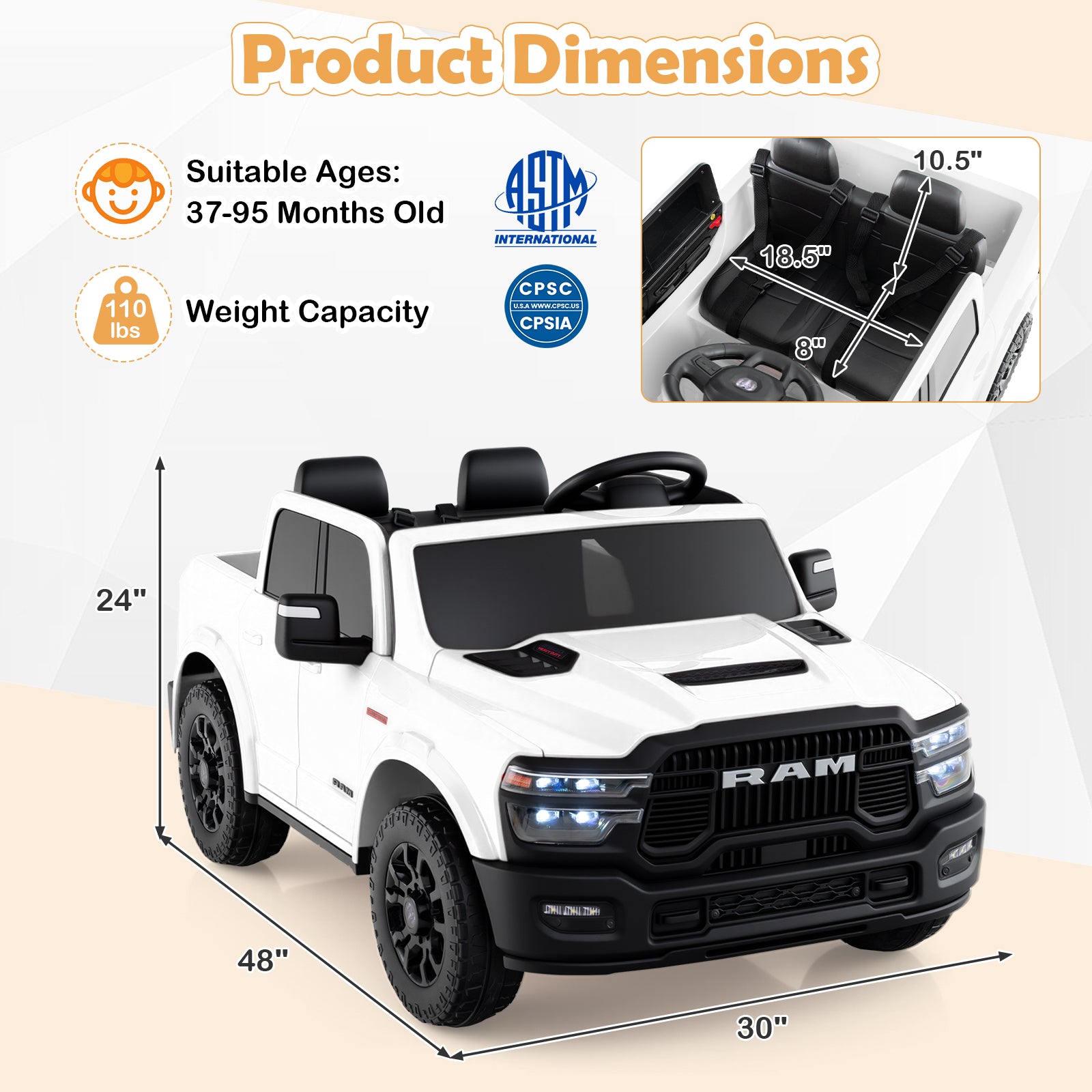 2 Seater 24V Ride on Toy for Big Kids Licensed Ram Truck with Remote and Music, White Powered Ride On Toys at Gallery Canada
