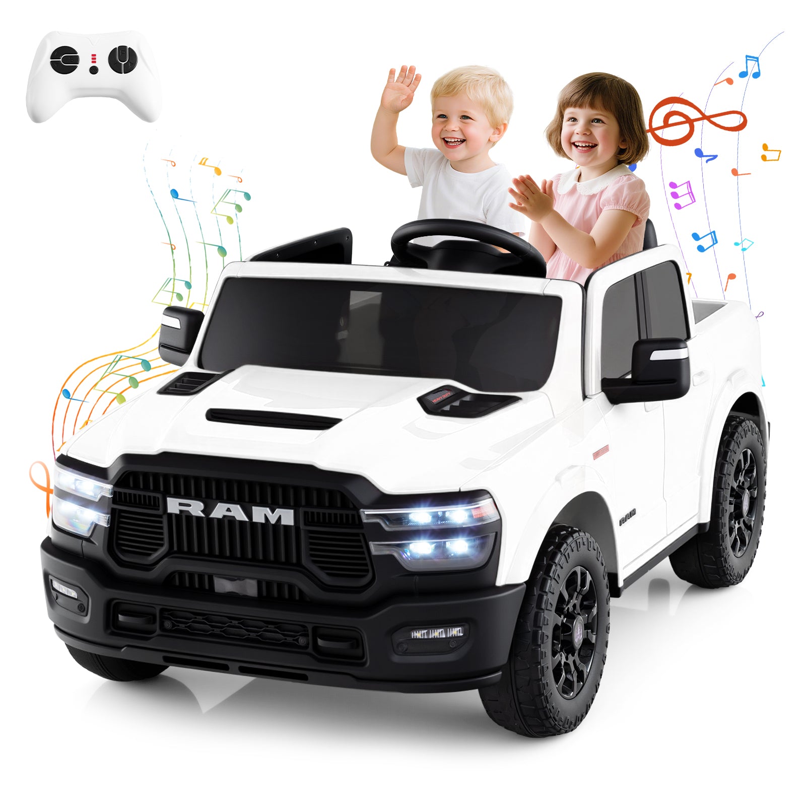 2 Seater 24V Ride on Toy for Big Kids Licensed Ram Truck with Remote and Music, White Powered Ride On Toys at Gallery Canada