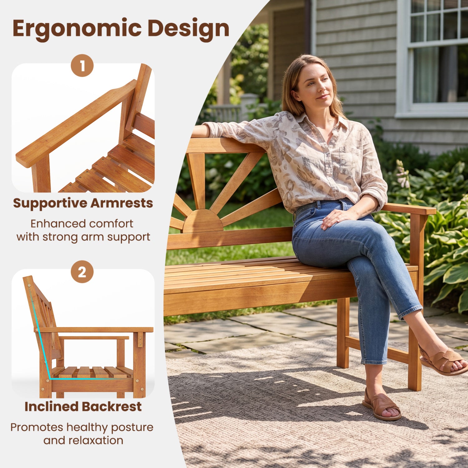 2-Seater Acacia Wood Loveseat Bench with Backrest and Armrests for Patio Outdoor Benches at Gallery Canada