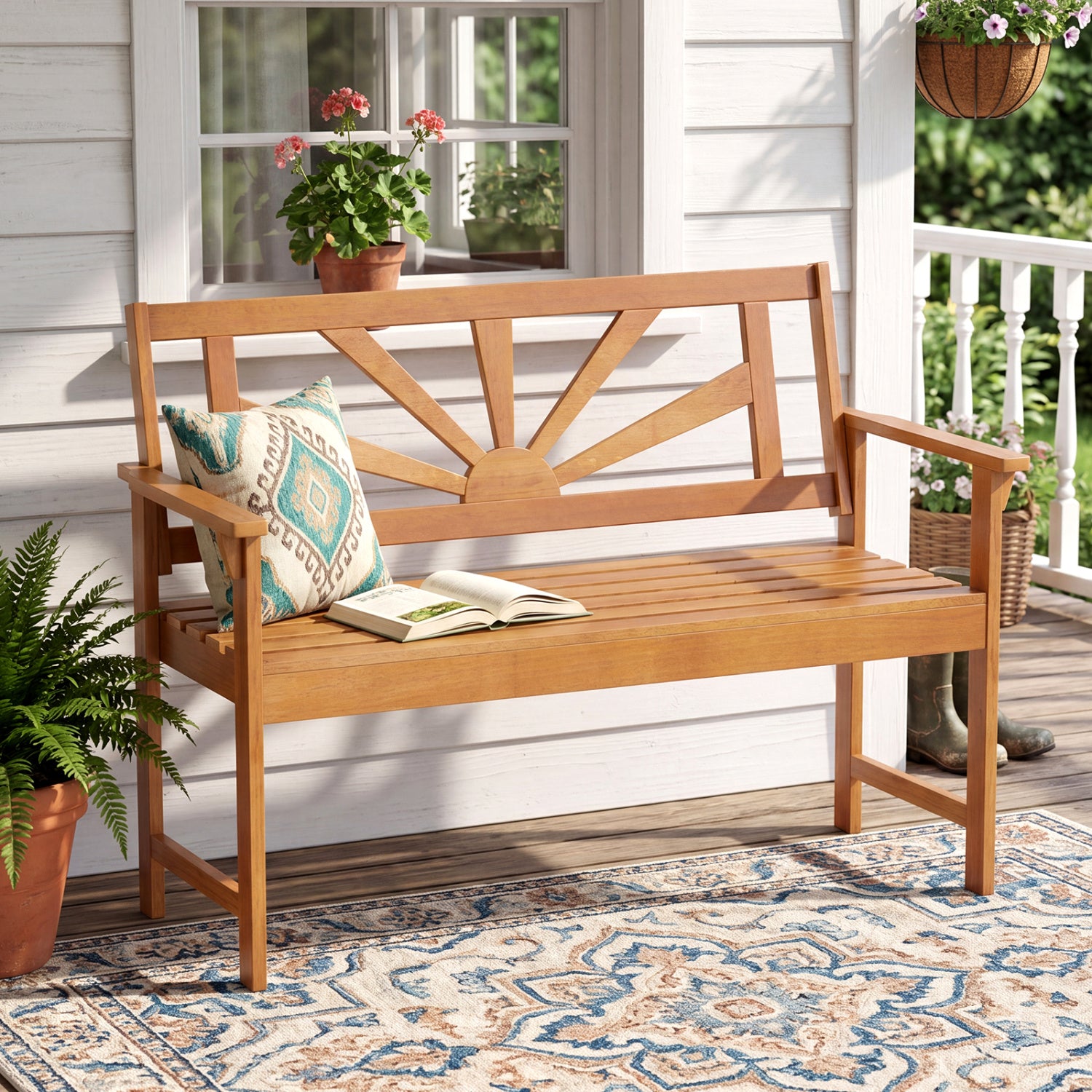 2-Seater Acacia Wood Loveseat Bench with Backrest and Armrests for Patio Outdoor Benches at Gallery Canada