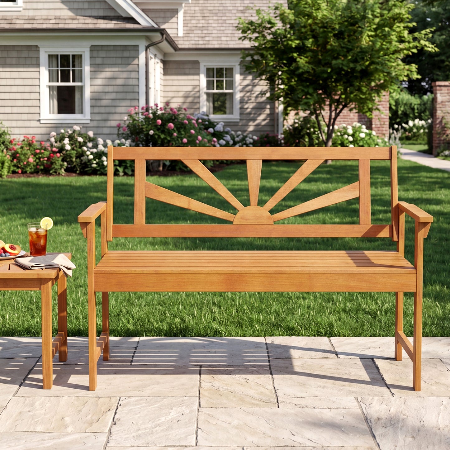 2-Seater Acacia Wood Loveseat Bench with Backrest and Armrests for Patio Outdoor Benches at Gallery Canada