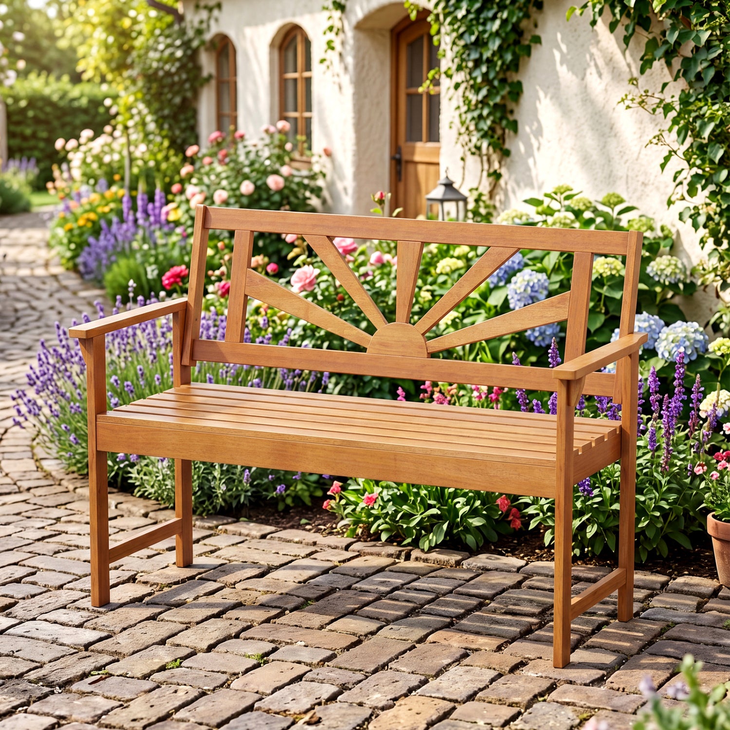 2-Seater Acacia Wood Loveseat Bench with Backrest and Armrests for Patio Outdoor Benches at Gallery Canada