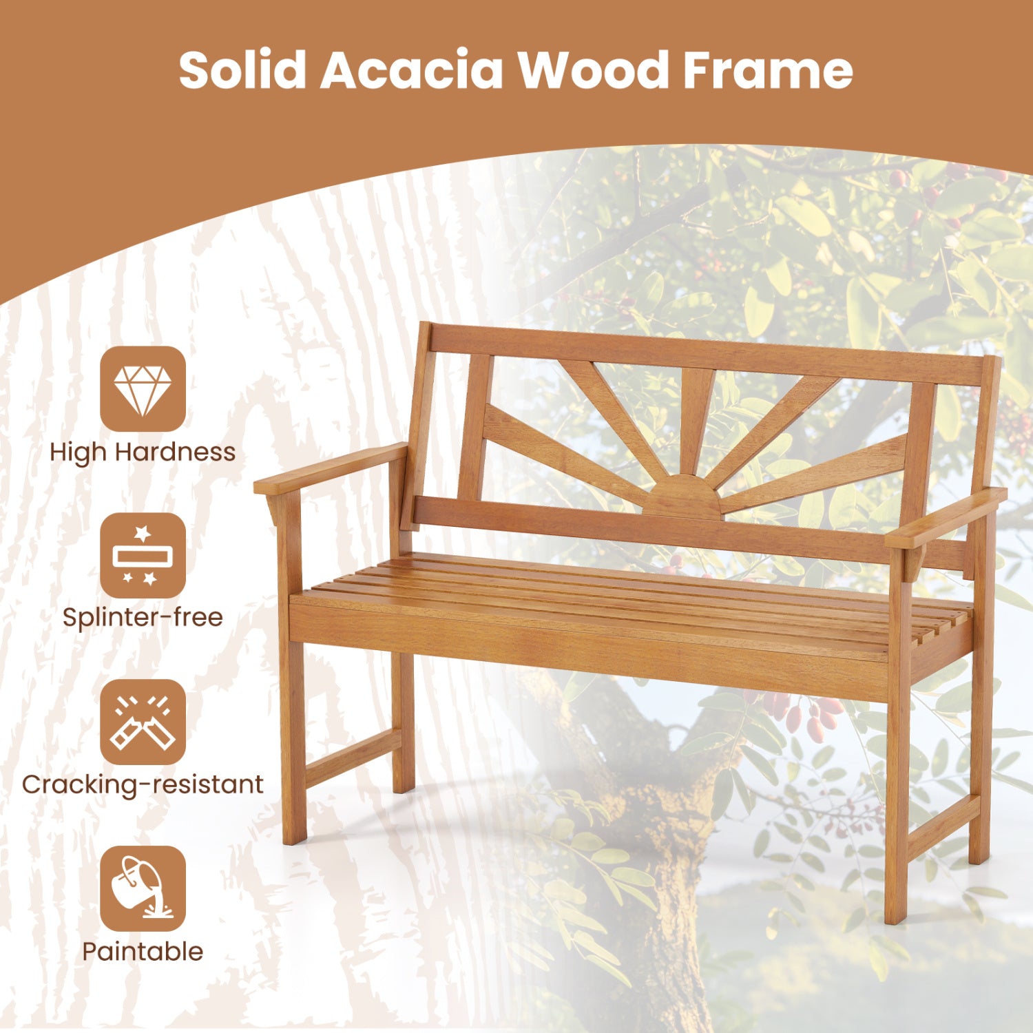 2-Seater Acacia Wood Loveseat Bench with Backrest and Armrests for Patio Outdoor Benches at Gallery Canada