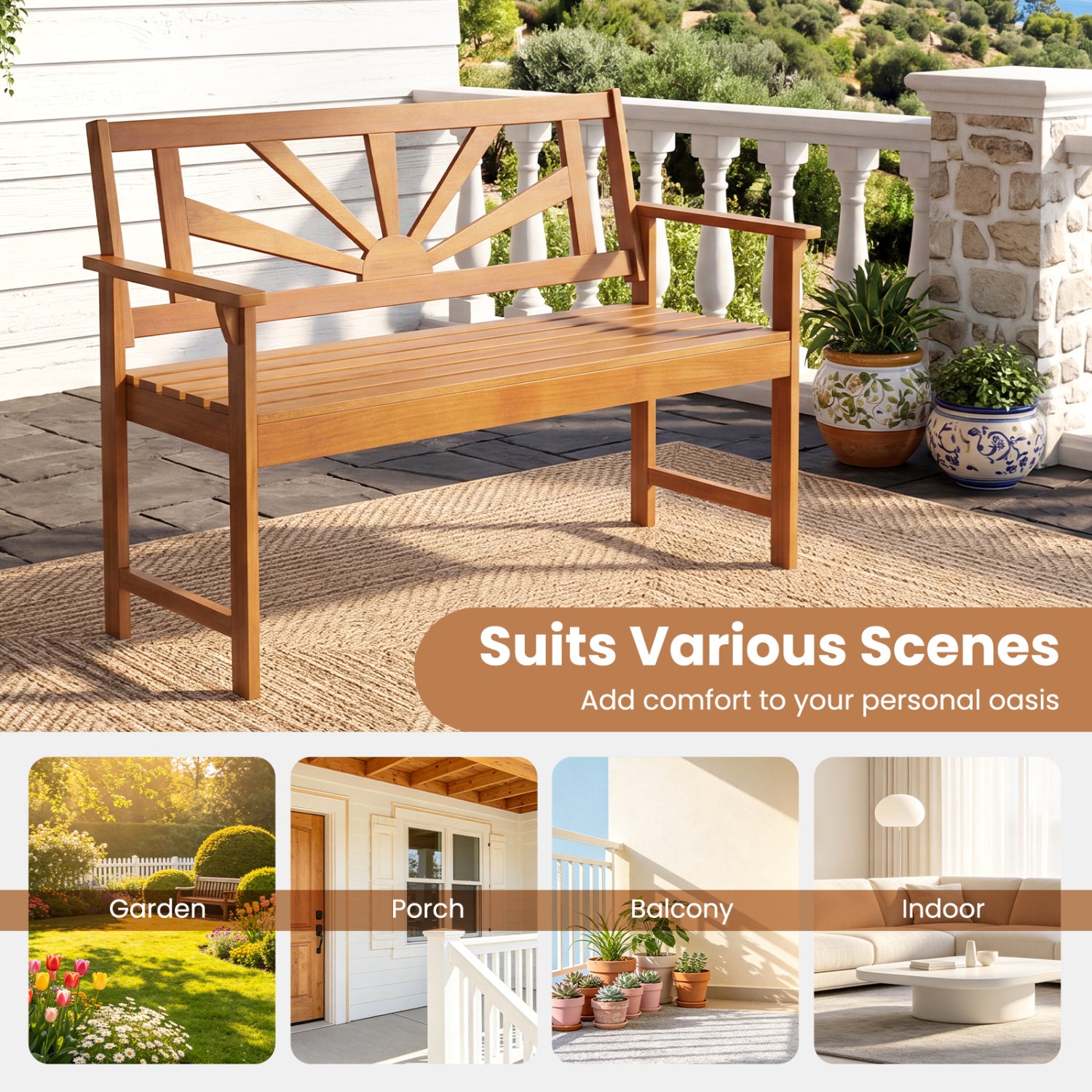 2-Seater Acacia Wood Loveseat Bench with Backrest and Armrests for Patio Outdoor Benches at Gallery Canada