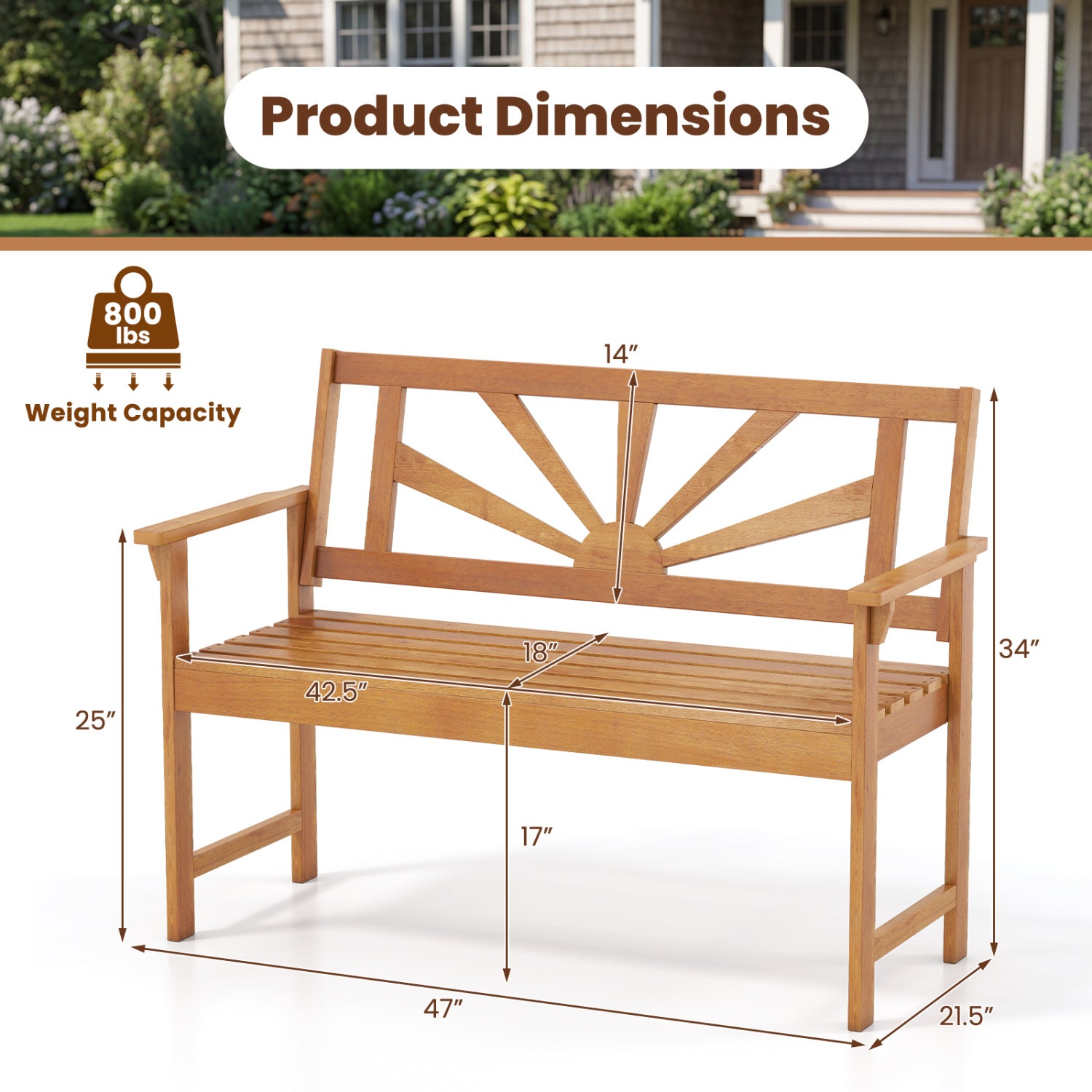 2-Seater Acacia Wood Loveseat Bench with Backrest and Armrests for Patio Outdoor Benches at Gallery Canada